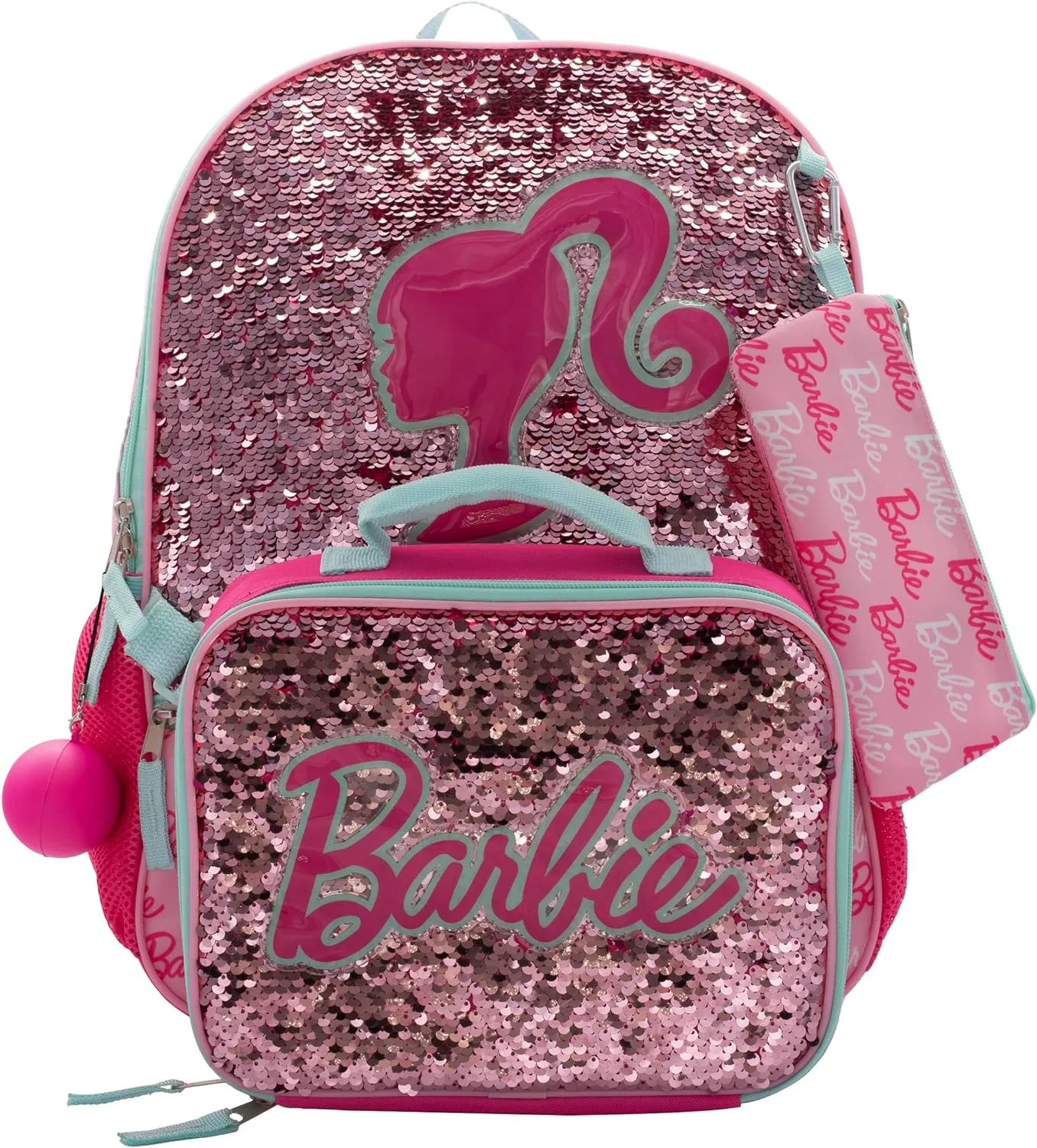 AI ACCESSORY INNOVATIONS Barbie 4 Piece Backpack Set, Sparkle & Shine with this Magic Flip Sequin School Bag for Girls with Zip Front Pocket, Pink