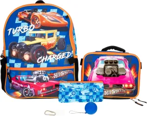 AI ACCESSORY INNOVATIONS Hot Wheels Burning Rubber 5 Piece Backpack Set for Boys, Featuring Turbo Charged Race Cars, Kids School Bag, Blue