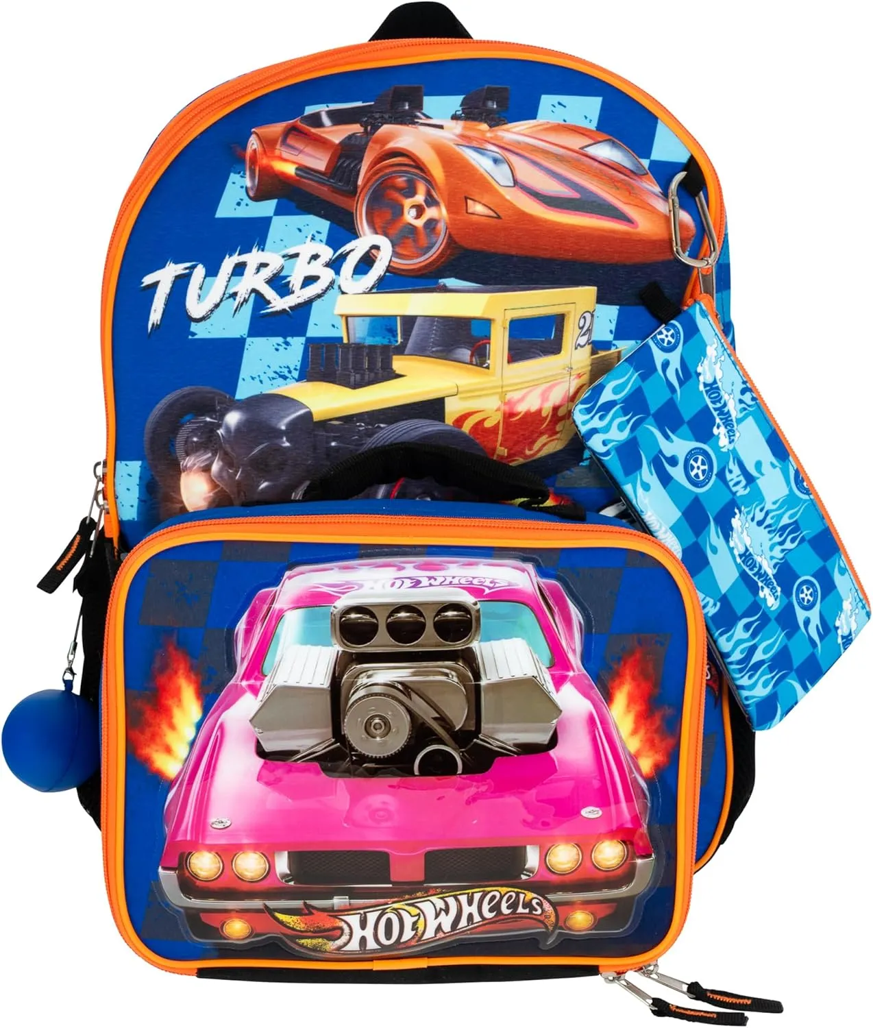 AI ACCESSORY INNOVATIONS Hot Wheels Burning Rubber 5 Piece Backpack Set for Boys, Featuring Turbo Charged Race Cars, Kids School Bag, Blue