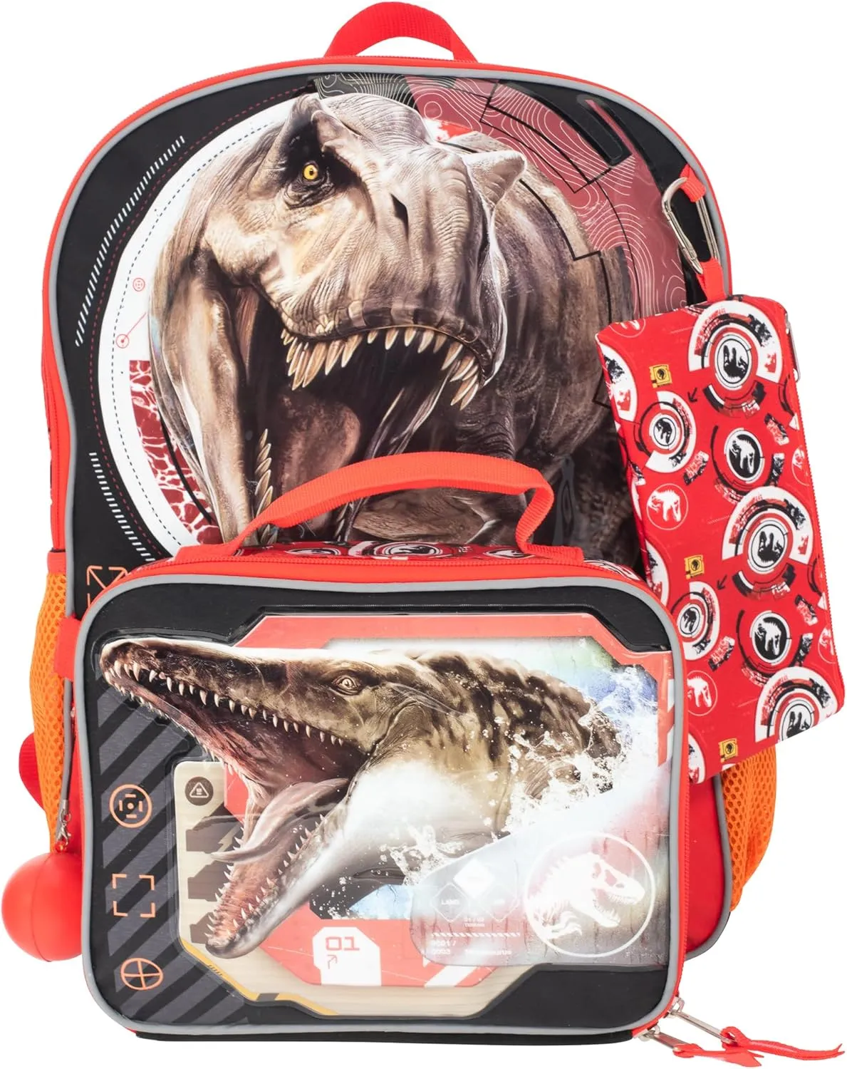 AI ACCESSORY INNOVATIONS Jurassic World 5 PC Backpack Set, Boys Dinosaur School Bag 16” with Front Zip Pocket