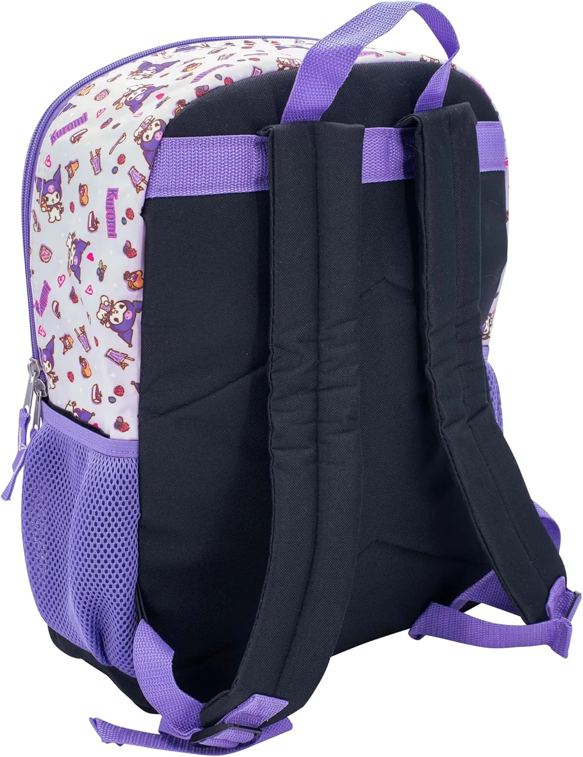 AI ACCESSORY INNOVATIONS Sanrio’s Kuromi 4 Piece Backpack Set, Hello Kitty Kawaii Flip Sequin Girls School Bag with Front Zip Pocket, 2 Side Mesh Pockets, Black & Purple