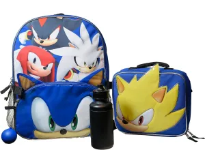 AI ACCESSORY INNOVATIONS Sega Sonic the Hedgehog 4 Piece Backpack Set, Kids 16" School Travel Bag with Front Zip Pocket, Blue
