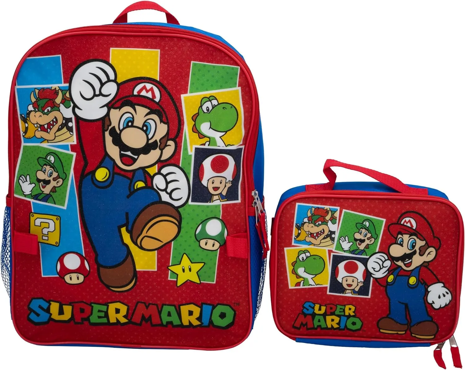 AI ACCESSORY INNOVATIONS Super Mario Brothers 2 Piece Backpack Set, Boys & Girls 16" School Bag, Blue