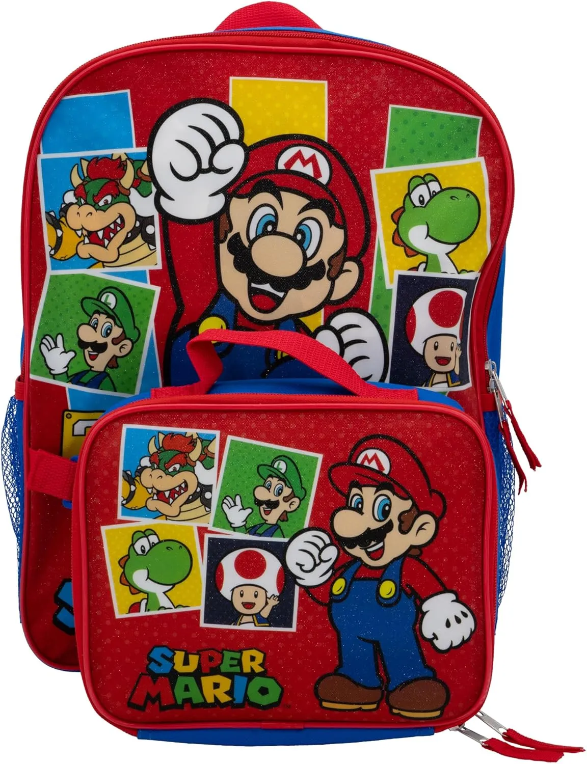 AI ACCESSORY INNOVATIONS Super Mario Brothers 2 Piece Backpack Set, Boys & Girls 16" School Bag, Blue
