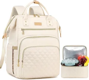 AIJIEKE Backpack for Women with Insulated Lunch Bag Backpack Set, Large Capacity 15.6 inch Laptop Backpack, Travel Nurse Teacher Commuter Work Backpack, Book Bag, Beige