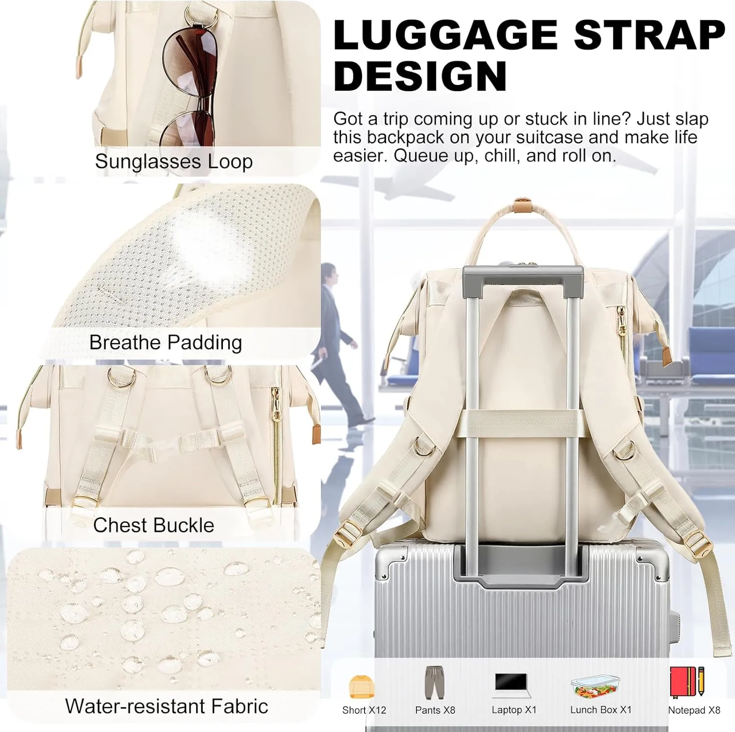 AIJIEKE Backpack for Women with Insulated Lunch Bag Backpack Set, Large Capacity 15.6 inch Laptop Backpack, Travel Nurse Teacher Commuter Work Backpack, Book Bag, Beige