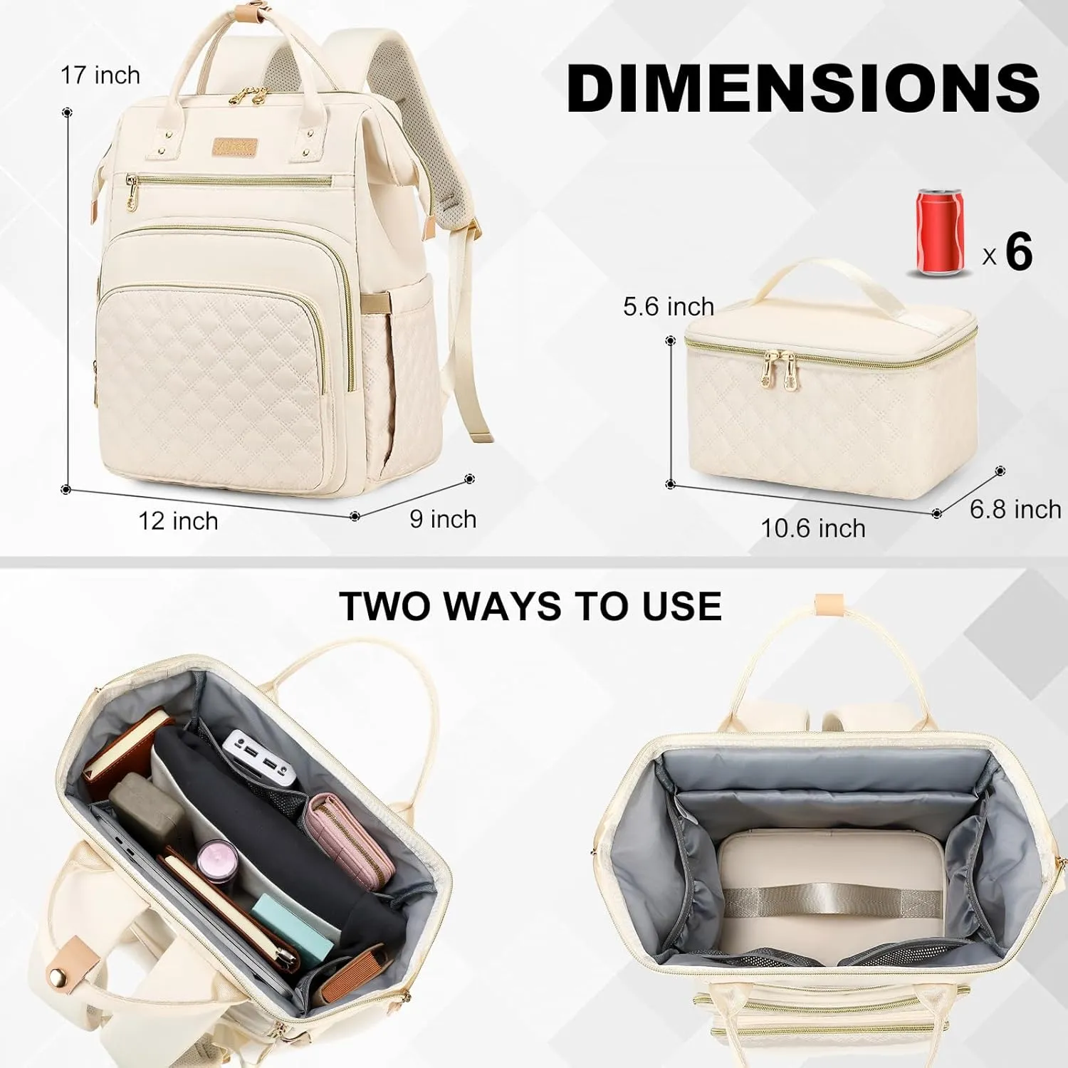 AIJIEKE Backpack for Women with Insulated Lunch Bag Backpack Set, Large Capacity 15.6 inch Laptop Backpack, Travel Nurse Teacher Commuter Work Backpack, Book Bag, Beige