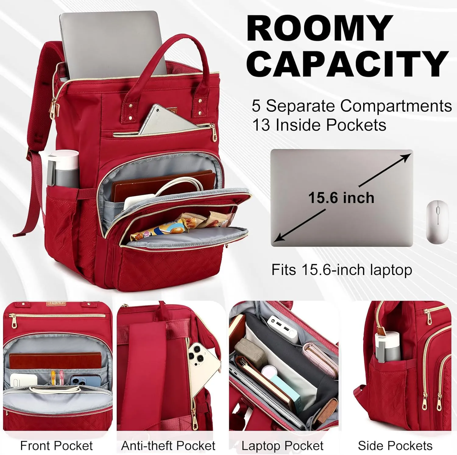 AIJIEKE Lunch Backpack for Women, 15.6 inch Laptop Backpack with Insulated Cooler Lunch Bag Set for Lunch Box Work Backpack for Travel Nurse Teacher, Red