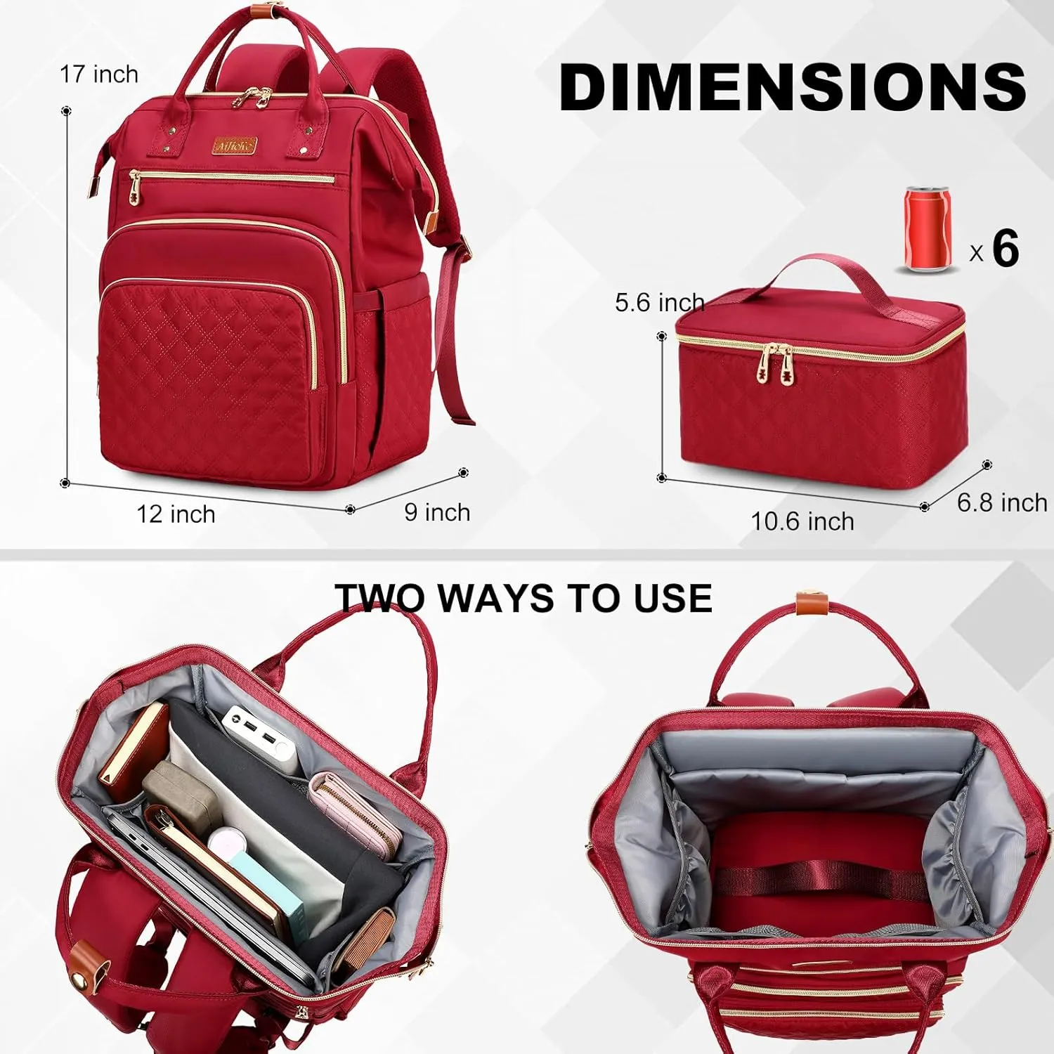 AIJIEKE Lunch Backpack for Women, 15.6 inch Laptop Backpack with Insulated Cooler Lunch Bag Set for Lunch Box Work Backpack for Travel Nurse Teacher, Red