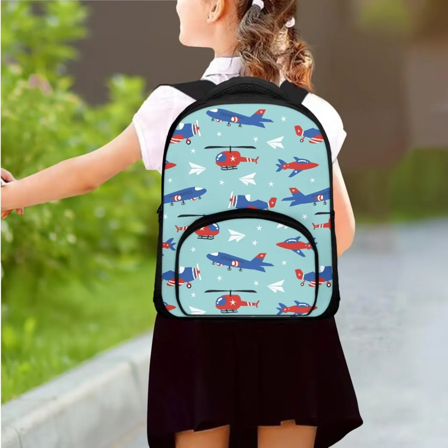 Airplane School Bags for Girls Lightweight Backpack with Lunch Box and Cool Pencil Case Reusable Sturdy Bookbag with Side Cup Holder 12 Inch & One Size 3PCS Set