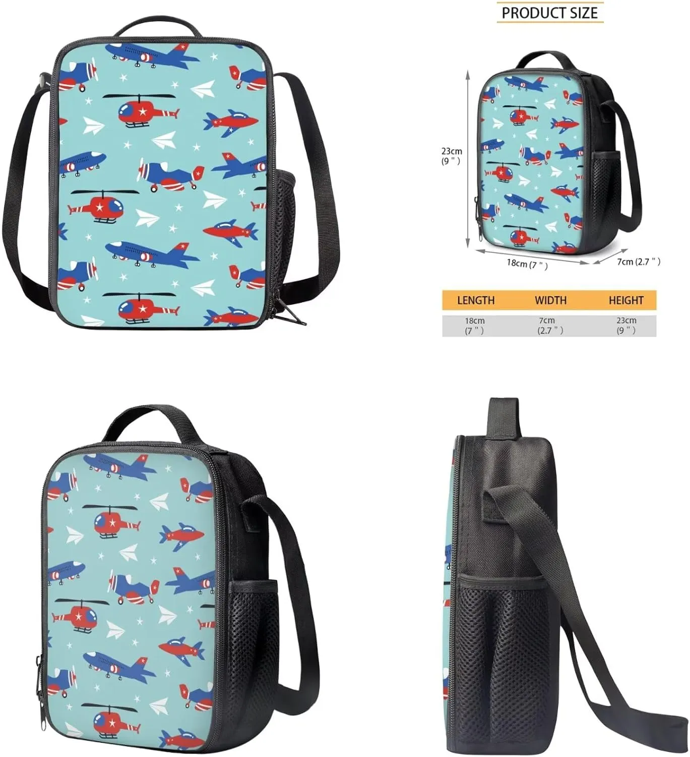 Airplane School Bags for Girls Lightweight Backpack with Lunch Box and Cool Pencil Case Reusable Sturdy Bookbag with Side Cup Holder 12 Inch & One Size 3PCS Set