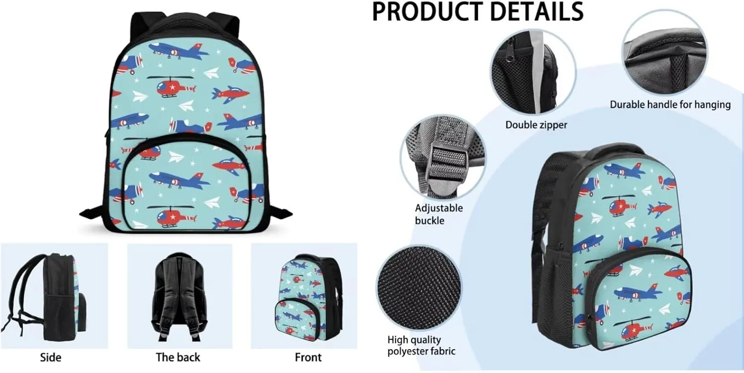 Airplane School Bags for Girls Lightweight Backpack with Lunch Box and Cool Pencil Case Reusable Sturdy Bookbag with Side Cup Holder 12 Inch & One Size 3PCS Set