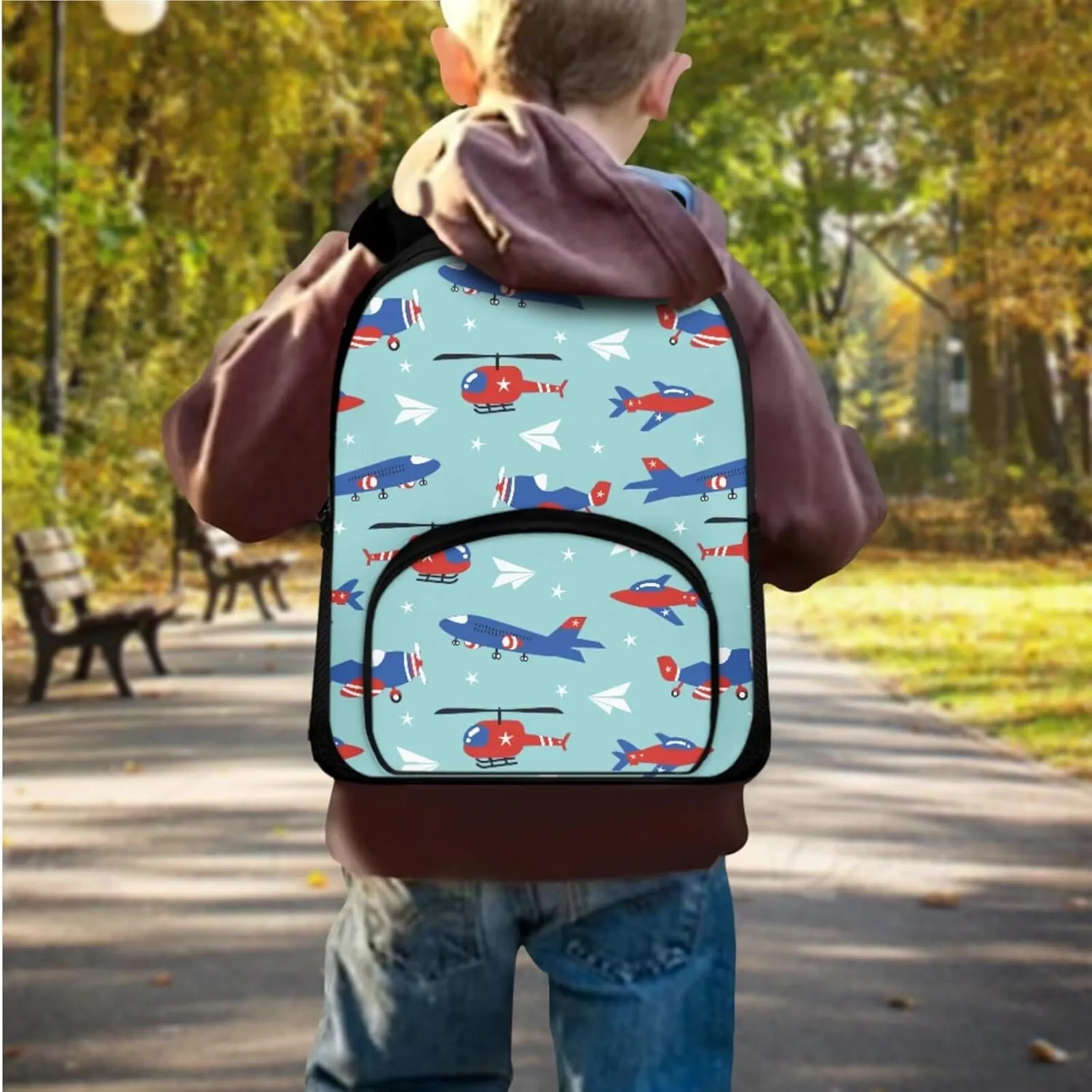 Airplane School Bags for Girls Lightweight Backpack with Lunch Box and Cool Pencil Case Reusable Sturdy Bookbag with Side Cup Holder 12 Inch & One Size 3PCS Set