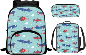 Airplane School Bags for Girls Lightweight Backpack with Lunch Box and Cool Pencil Case Reusable Sturdy Bookbag with Side Cup Holder 12 Inch & One Size 3PCS Set