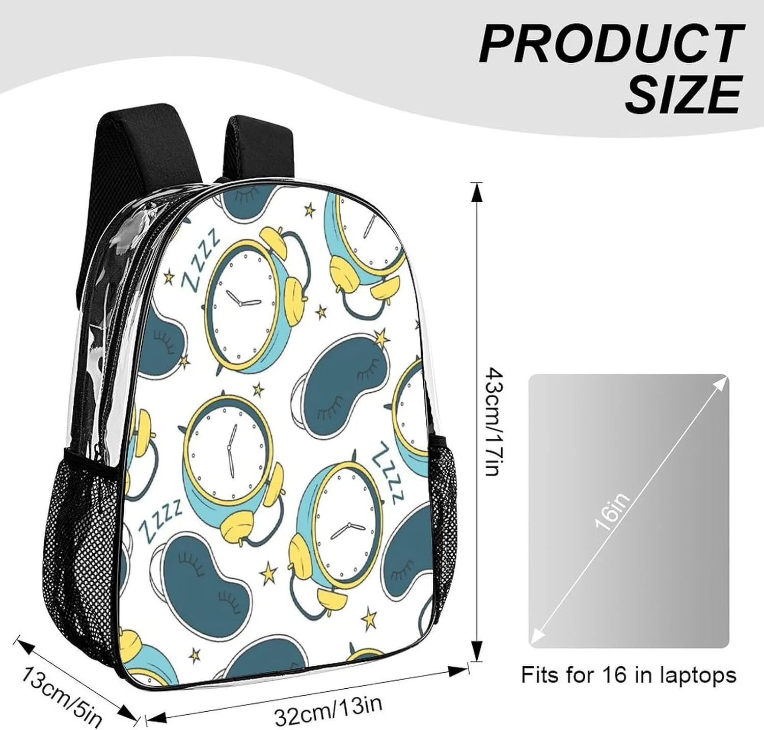 Alarm Clocks Sleep Masks Clear Backpack PVC Water Resistant Funny Pattern Hiking Business Travel Transparent Durable Daypack for Women Men 43x32x13cm