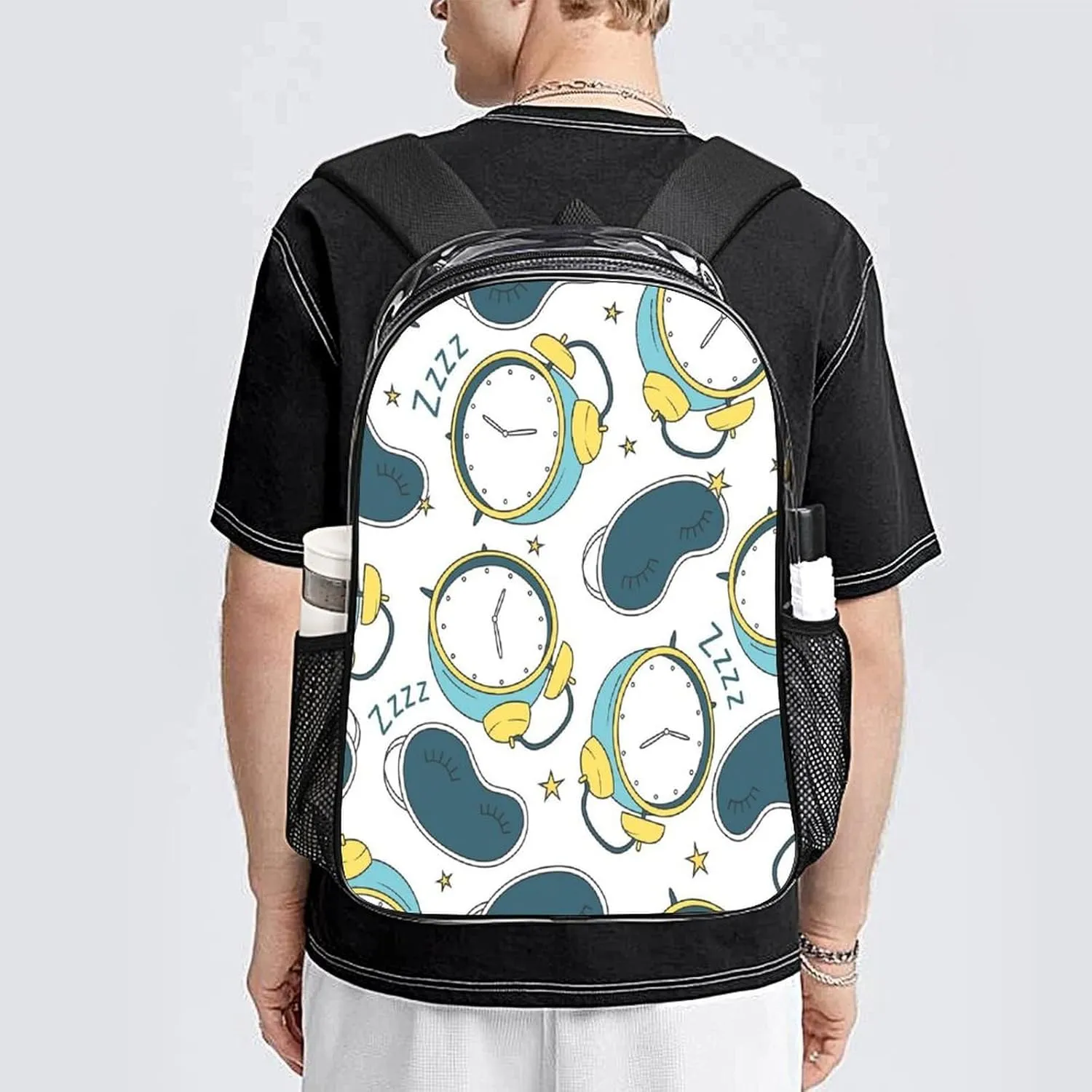 Alarm Clocks Sleep Masks Clear Backpack PVC Water Resistant Funny Pattern Hiking Business Travel Transparent Durable Daypack for Women Men 43x32x13cm