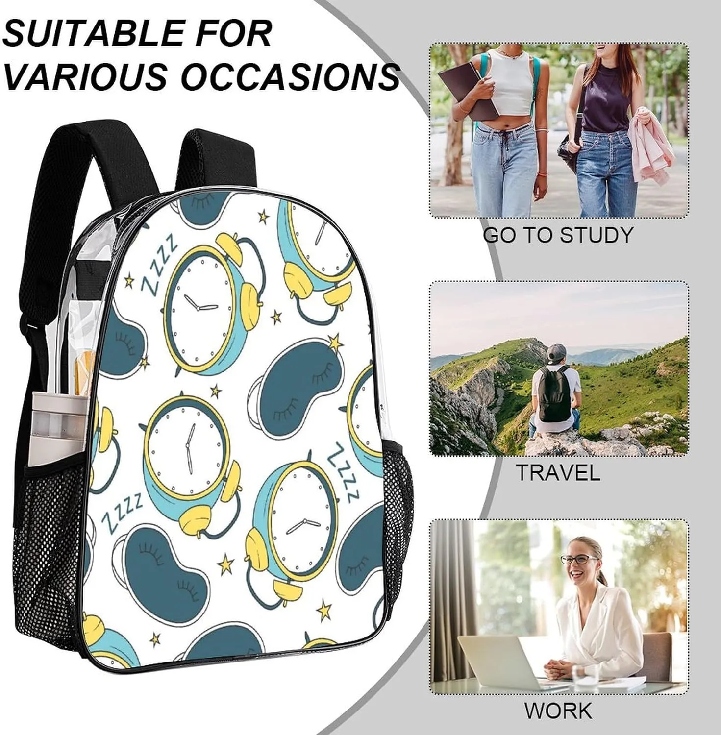 Alarm Clocks Sleep Masks Clear Backpack PVC Water Resistant Funny Pattern Hiking Business Travel Transparent Durable Daypack for Women Men 43x32x13cm