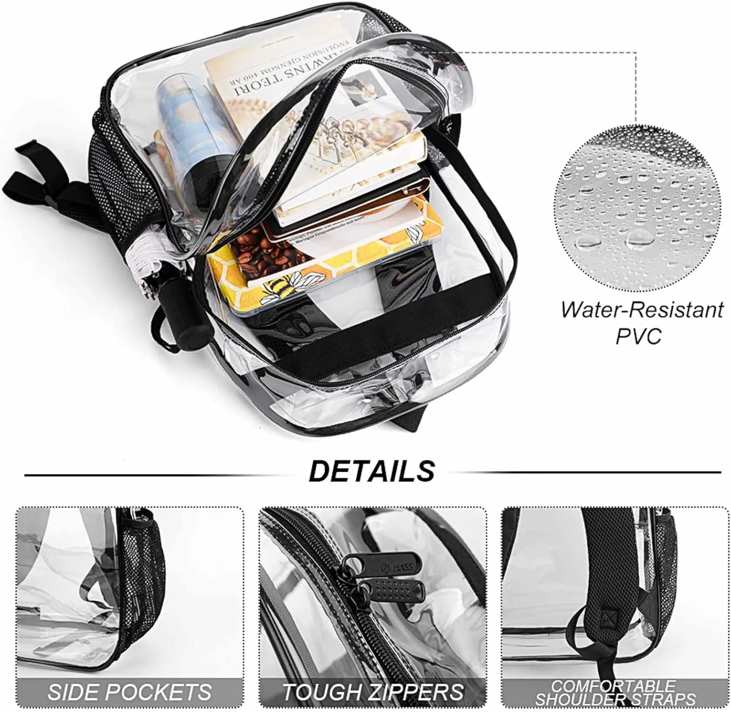 Alarm Clocks Sleep Masks Clear Backpack PVC Water Resistant Funny Pattern Hiking Business Travel Transparent Durable Daypack for Women Men 43x32x13cm