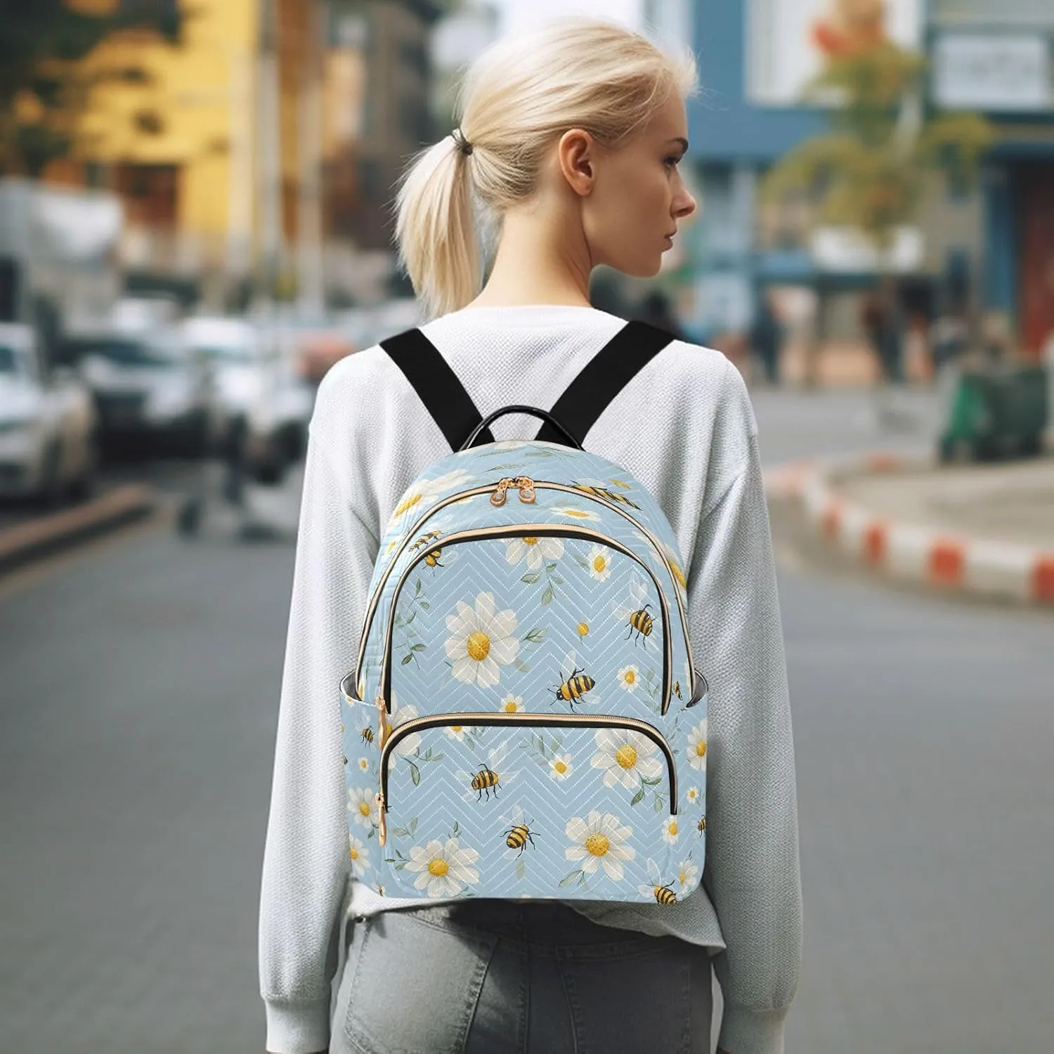 ALAZA Bees White Daisy Flowers03 Mini Backpack Purse for Women Travel Bag Lightweight Shoulder Bag Fashion Daypack01