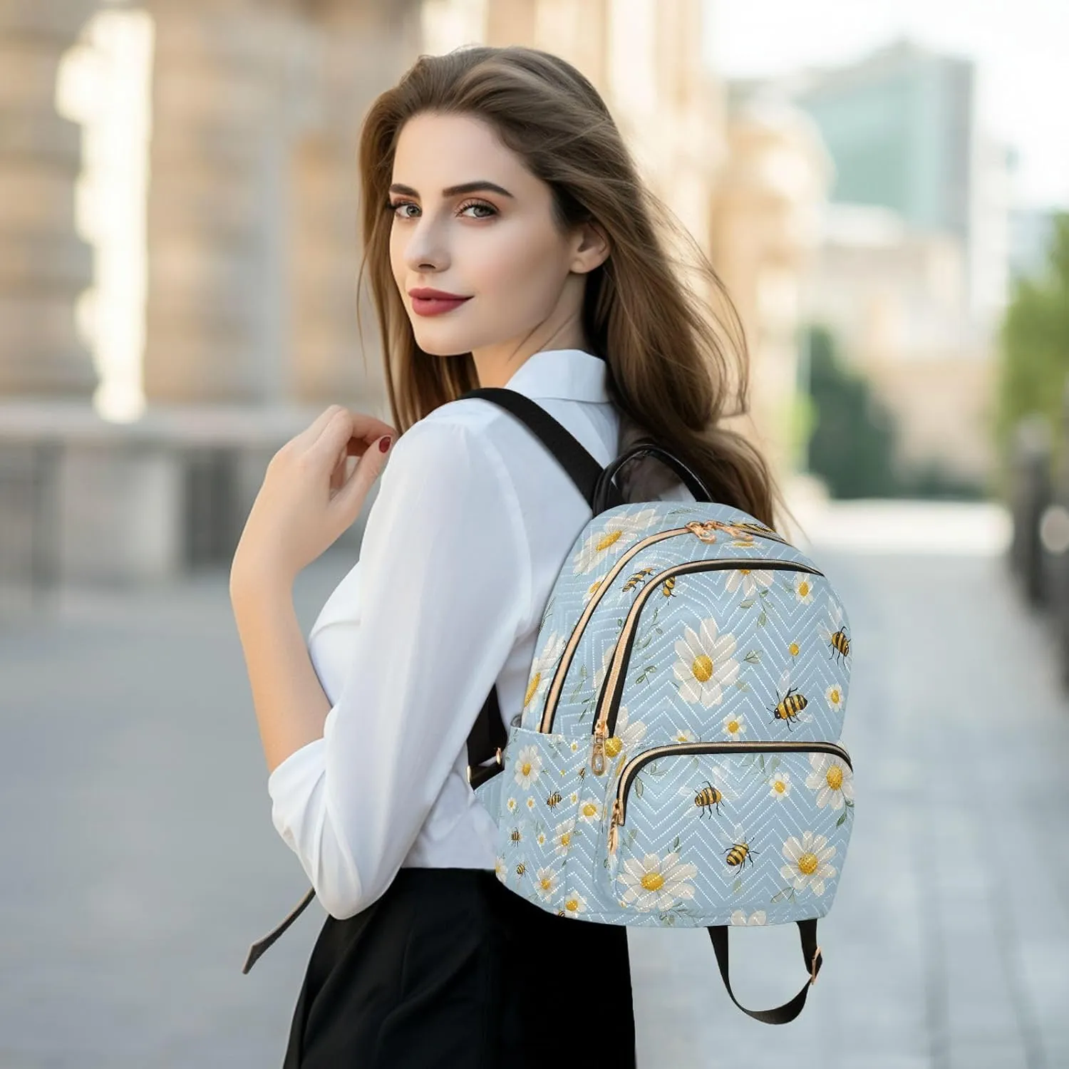 ALAZA Bees White Daisy Flowers03 Mini Backpack Purse for Women Travel Bag Lightweight Shoulder Bag Fashion Daypack01