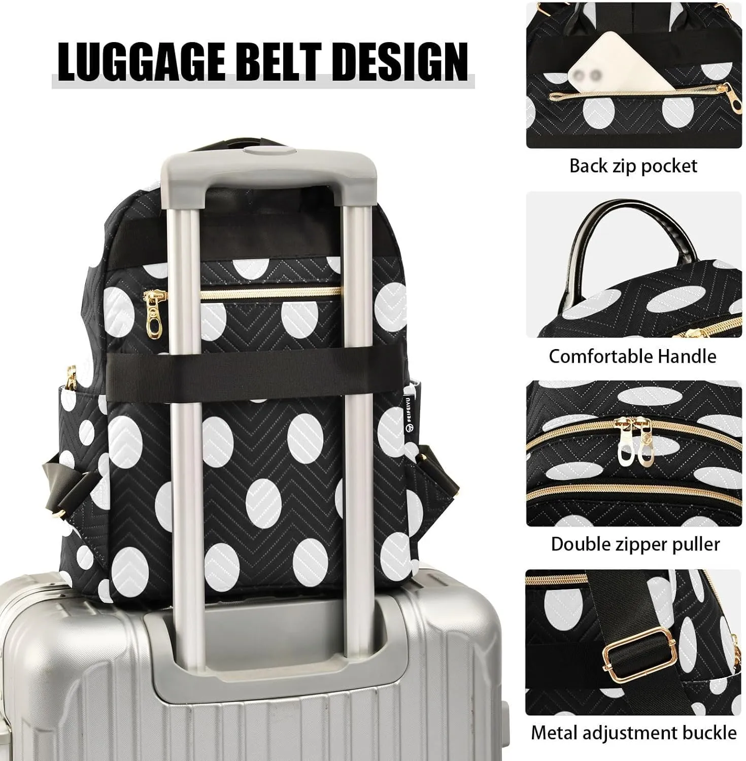 ALAZA Big Polka Dot Black Women Backpack Purse Ladies Fashion Shoulder Bag Daypack Travel Bag 10L