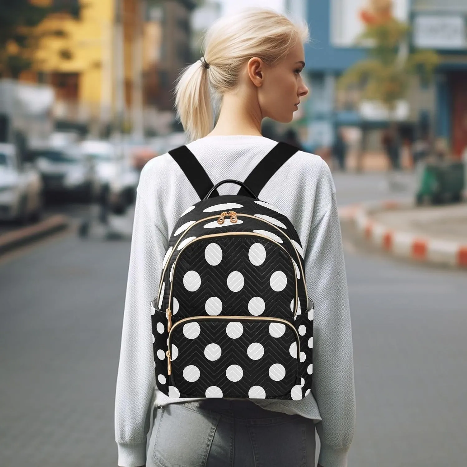 ALAZA Big Polka Dot Black Women Backpack Purse Ladies Fashion Shoulder Bag Daypack Travel Bag 10L