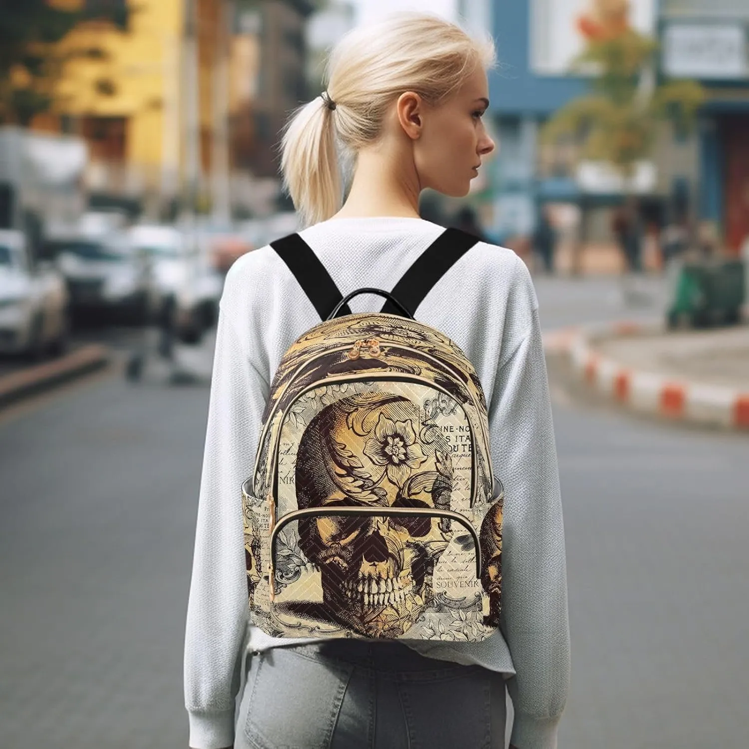 ALAZA Blossom Floral Skull Women Backpack Purse Ladies Fashion Shoulder Bag Daypack Travel Bag 7.5L