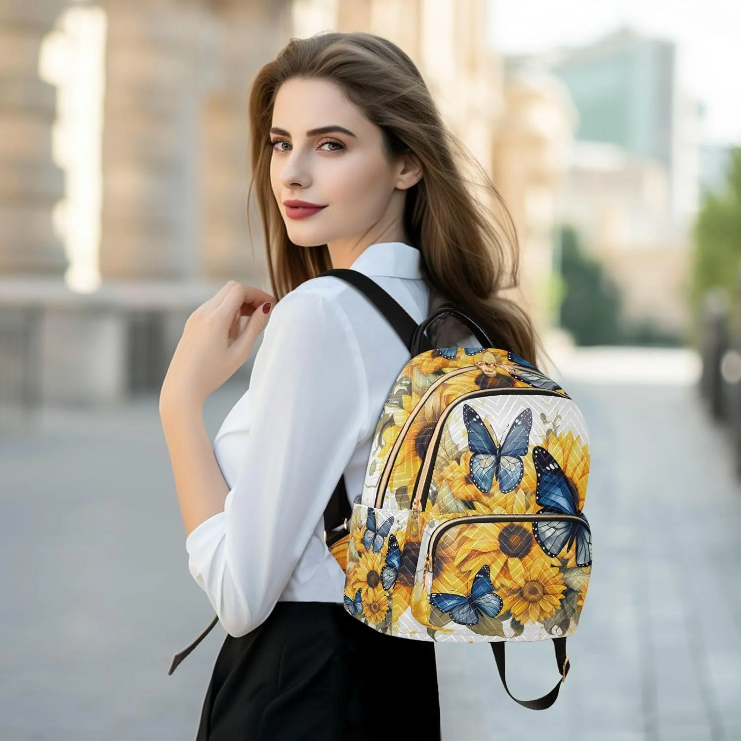 ALAZA Blue Butterflies Sunflowers Small Backpack Purse for Women Travel Bag Lightweight Shoulder Bag Fashion Daypack