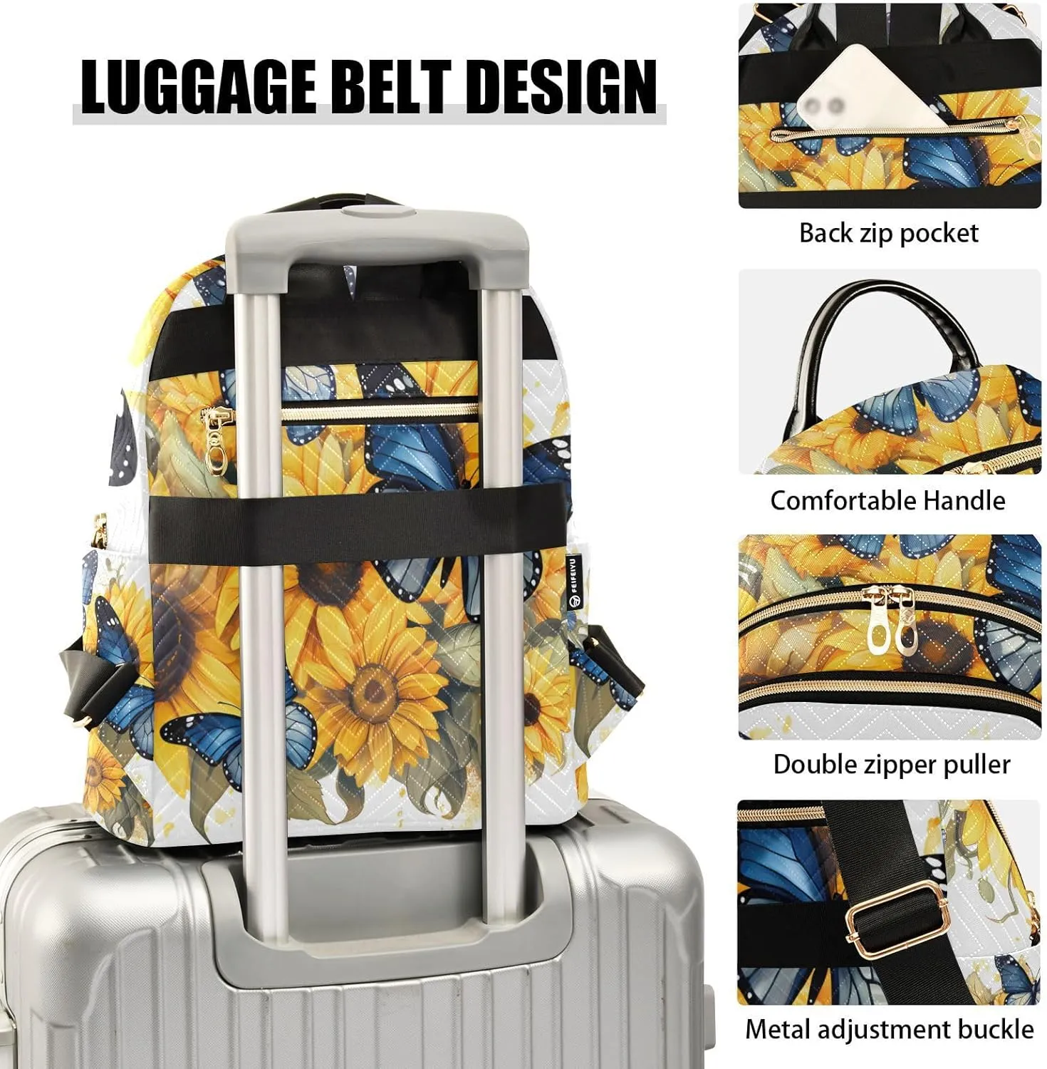 ALAZA Blue Butterflies Sunflowers Small Backpack Purse for Women Travel Bag Lightweight Shoulder Bag Fashion Daypack