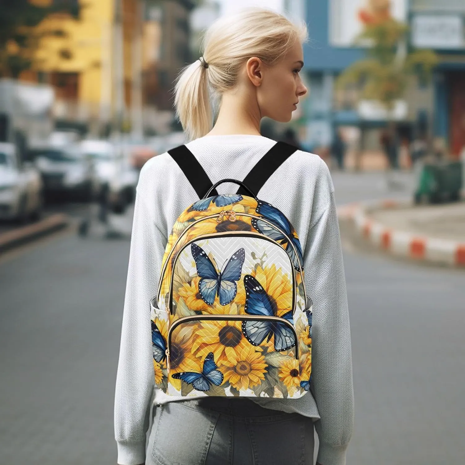 ALAZA Blue Butterflies Sunflowers Small Backpack Purse for Women Travel Bag Lightweight Shoulder Bag Fashion Daypack