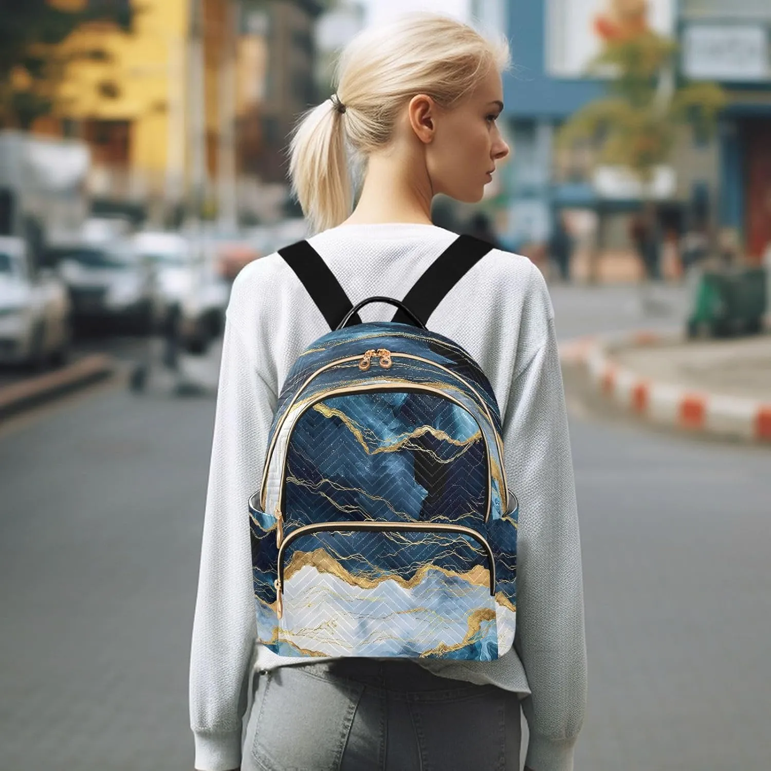 ALAZA Blue Gold Marble Mini Backpack Purse for Women Travel Bag Lightweight Shoulder Bag Fashion Daypack