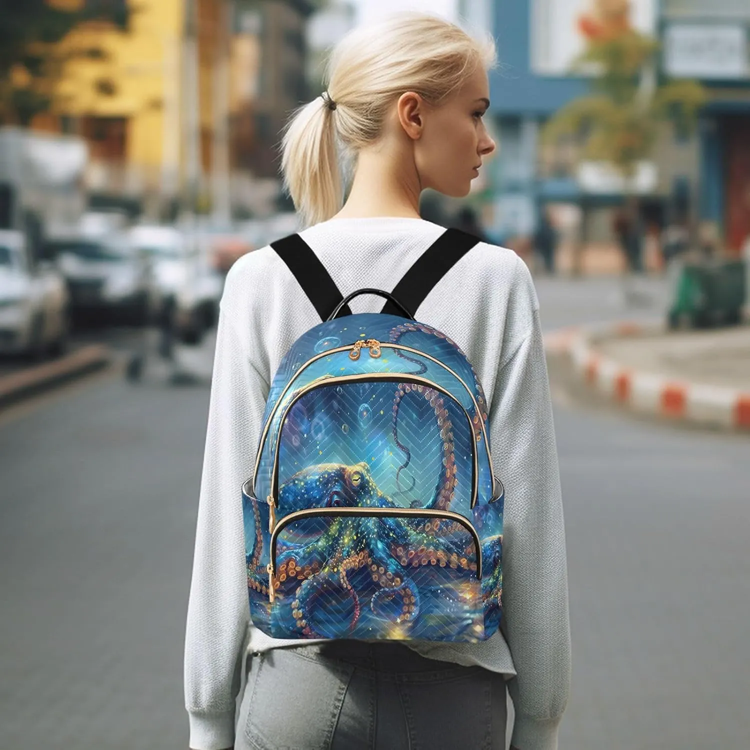 ALAZA Blue Octopus Mini Backpack Purse for Women Travel Bag Lightweight Shoulder Bag Fashion Daypack33