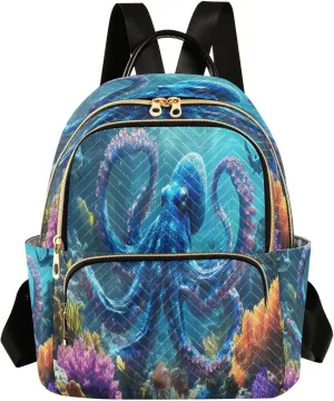 ALAZA Blue Octopus Shark Coral Reef Women Backpack Purse Ladies Fashion Shoulder Bag Daypack Travel Bag 10L