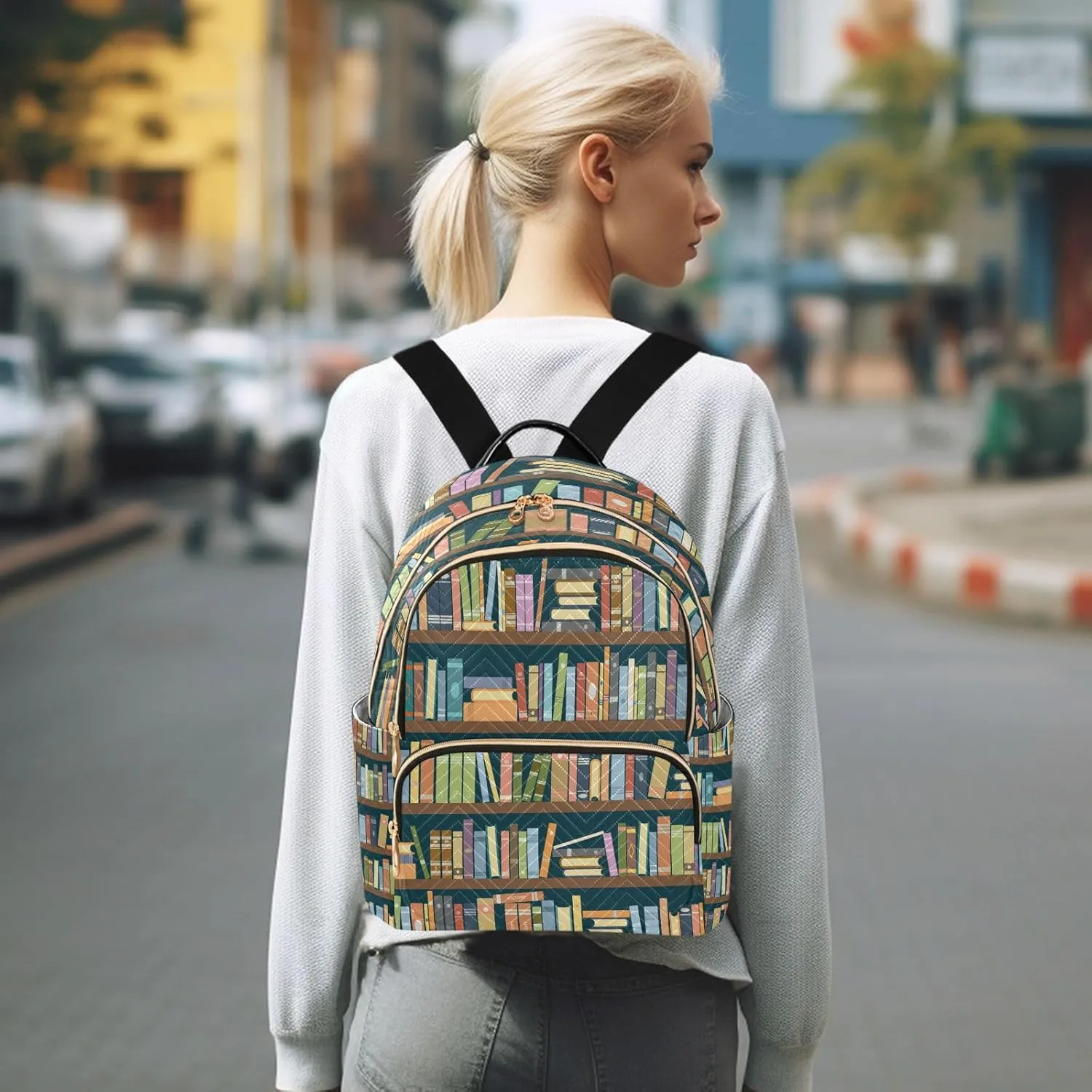 ALAZA Bookshelves Library Women Backpack Purse Ladies Fashion Shoulder Bag Daypack Travel Bag 10L
