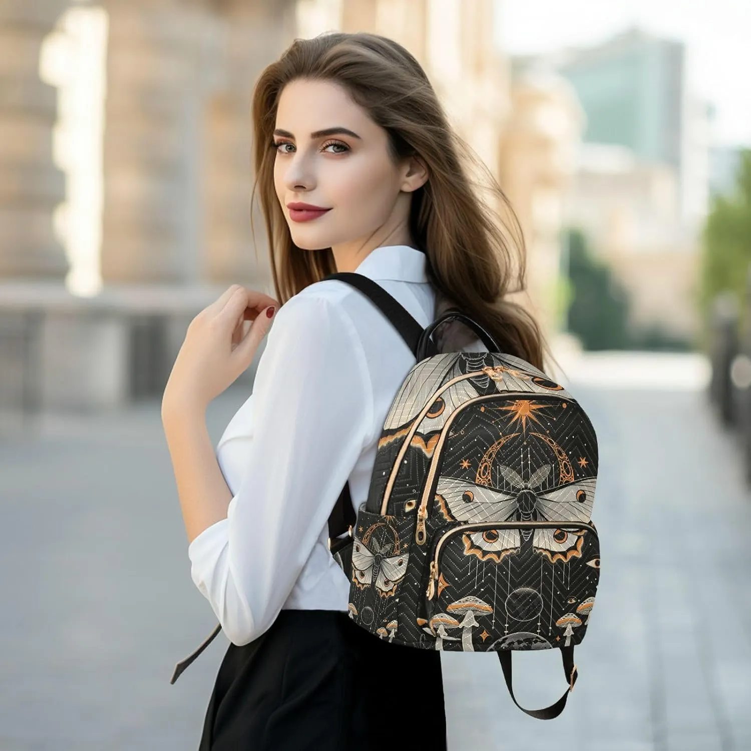 ALAZA Butterfly Sun and Moon Mushroom Small Backpack Purse for Women Travel Bag Lightweight Shoulder Bag Fashion Daypack