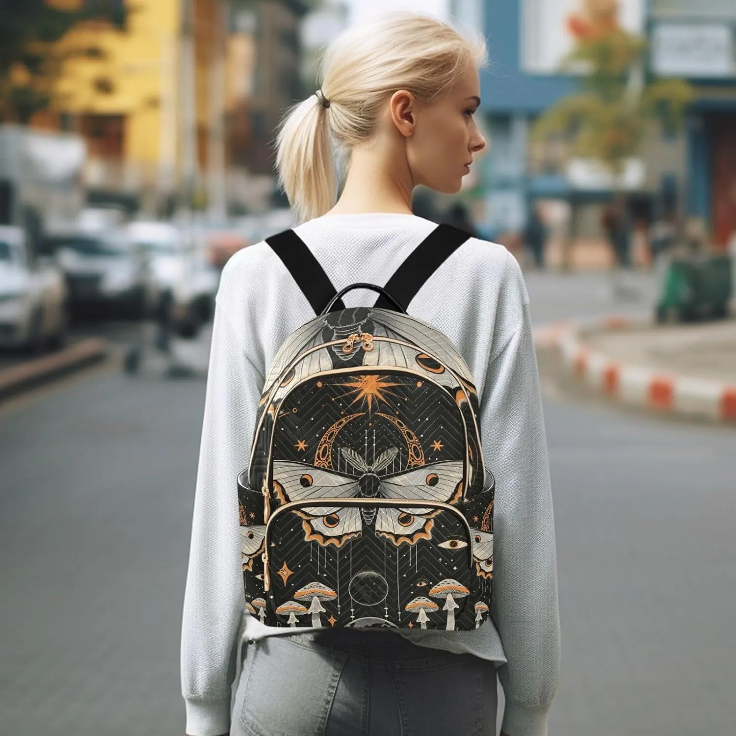 ALAZA Butterfly Sun and Moon Mushroom Small Backpack Purse for Women Travel Bag Lightweight Shoulder Bag Fashion Daypack