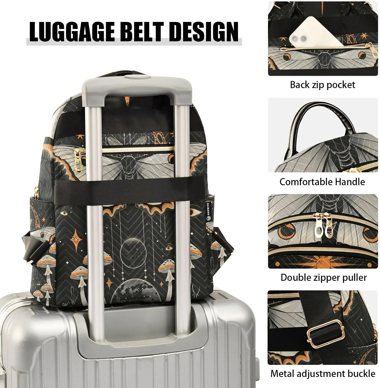 ALAZA Butterfly Sun and Moon Mushroom Small Backpack Purse for Women Travel Bag Lightweight Shoulder Bag Fashion Daypack