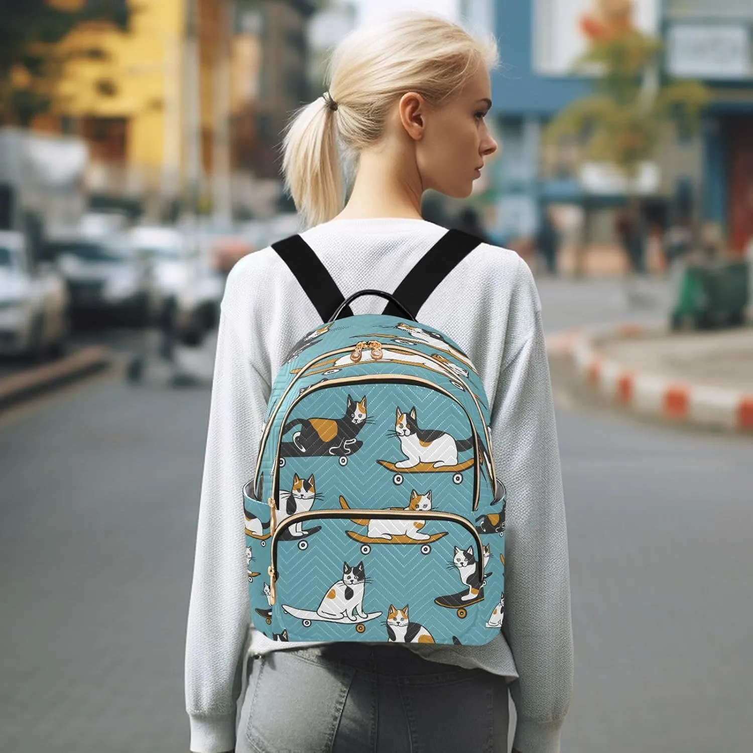 ALAZA Cat Skateboard Calico Mini Backpack Purse for Women Travel Bag Lightweight Shoulder Bag Fashion Daypack