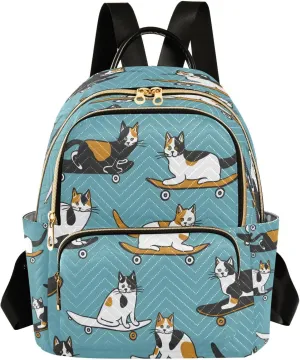 ALAZA Cat Skateboard Calico Mini Backpack Purse for Women Travel Bag Lightweight Shoulder Bag Fashion Daypack