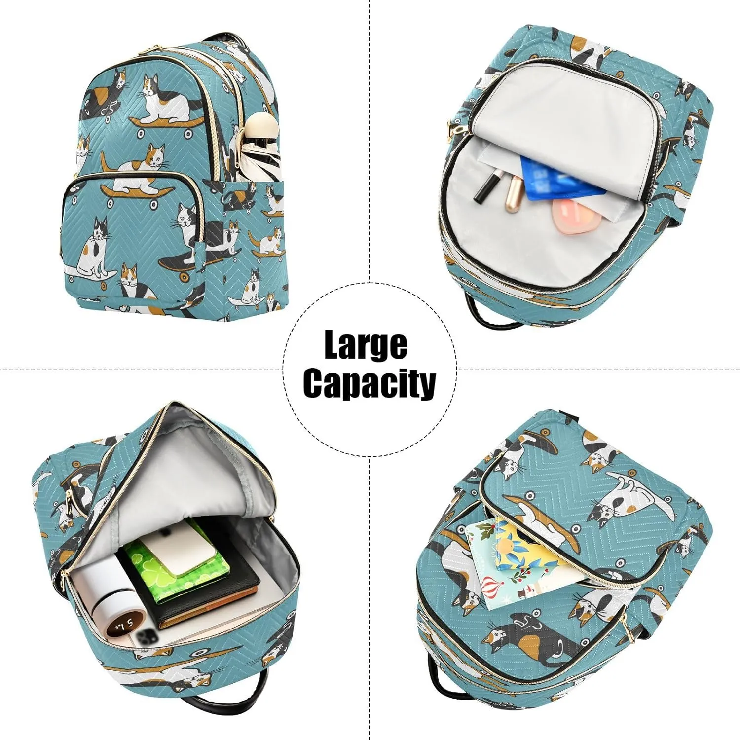ALAZA Cat Skateboard Calico Mini Backpack Purse for Women Travel Bag Lightweight Shoulder Bag Fashion Daypack