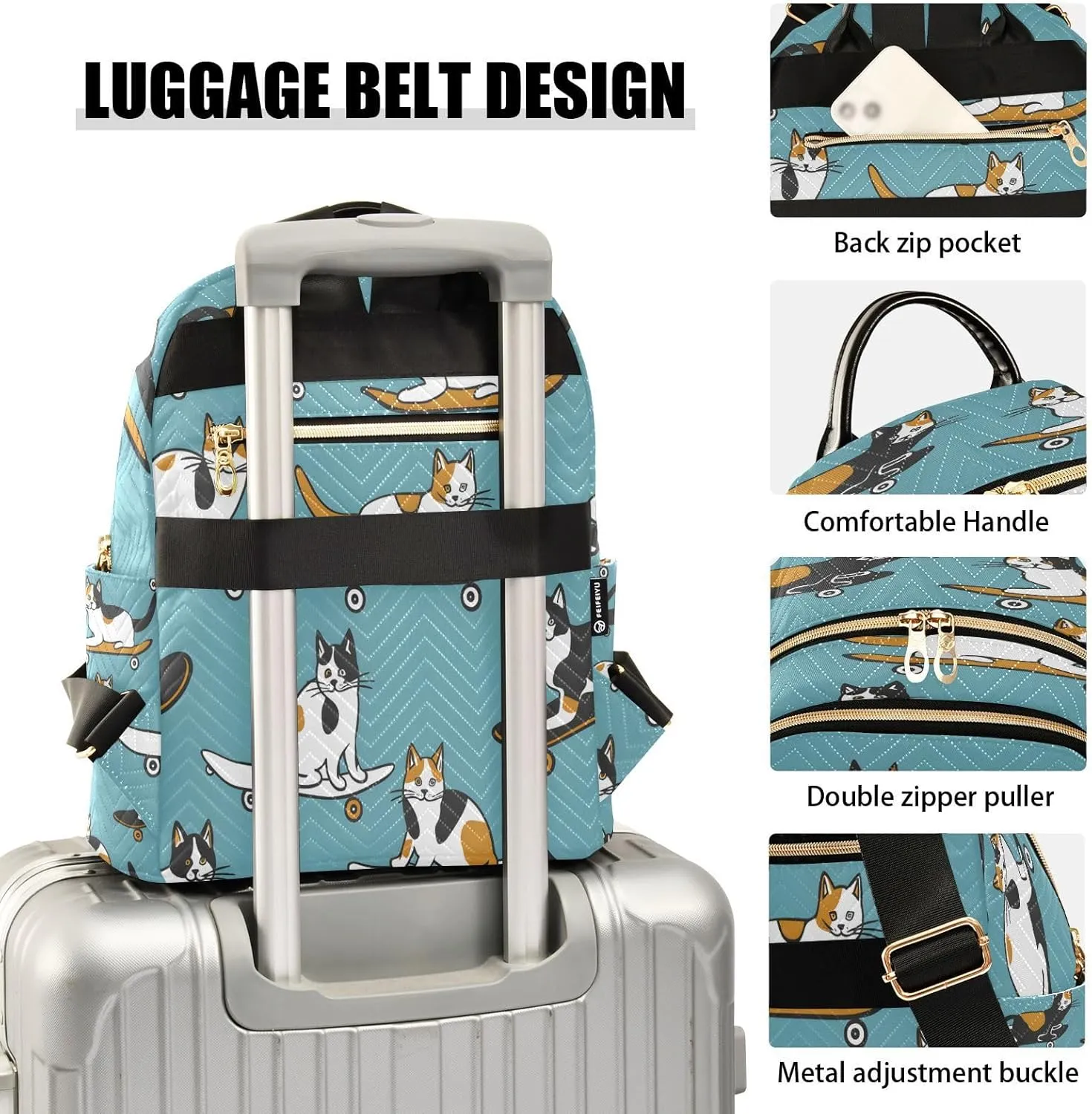 ALAZA Cat Skateboard Calico Mini Backpack Purse for Women Travel Bag Lightweight Shoulder Bag Fashion Daypack