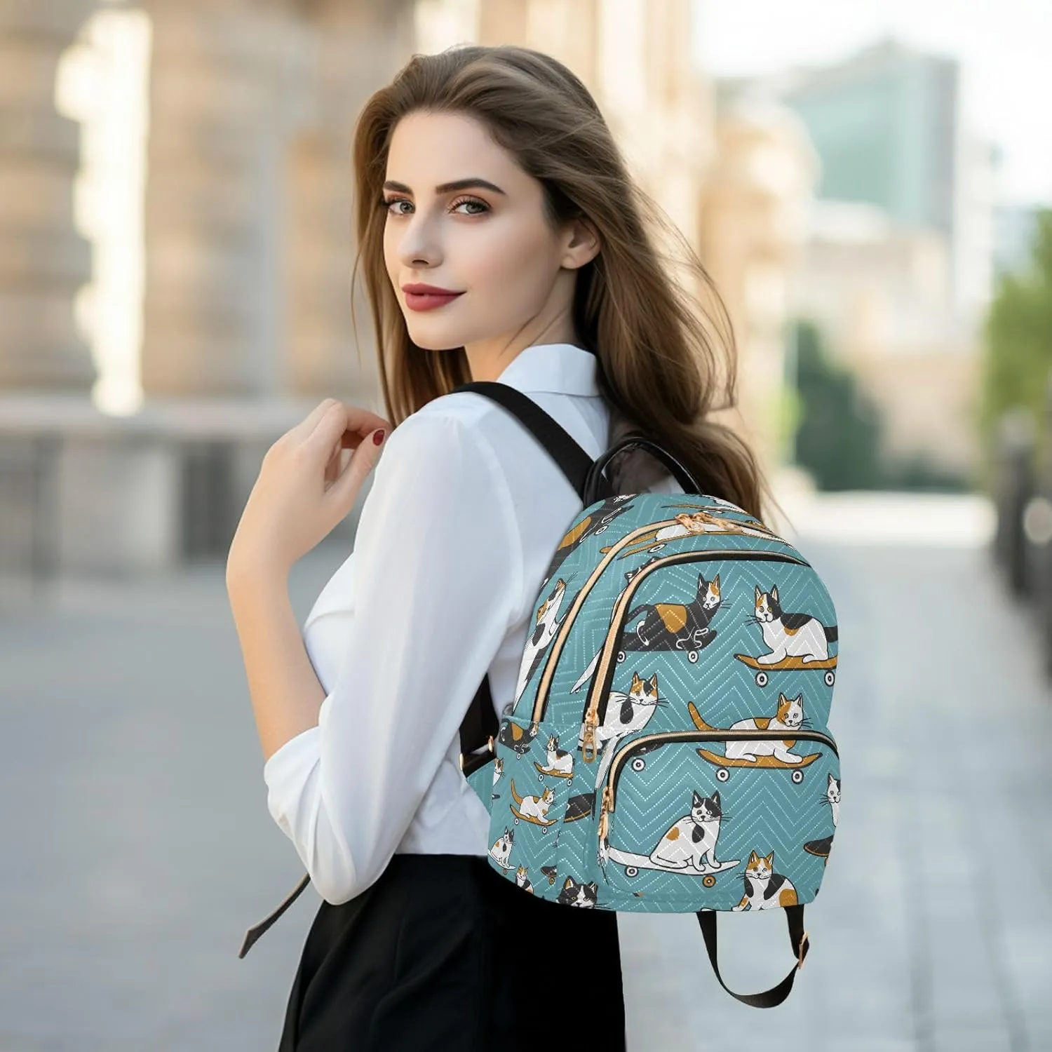 ALAZA Cat Skateboard Calico Mini Backpack Purse for Women Travel Bag Lightweight Shoulder Bag Fashion Daypack