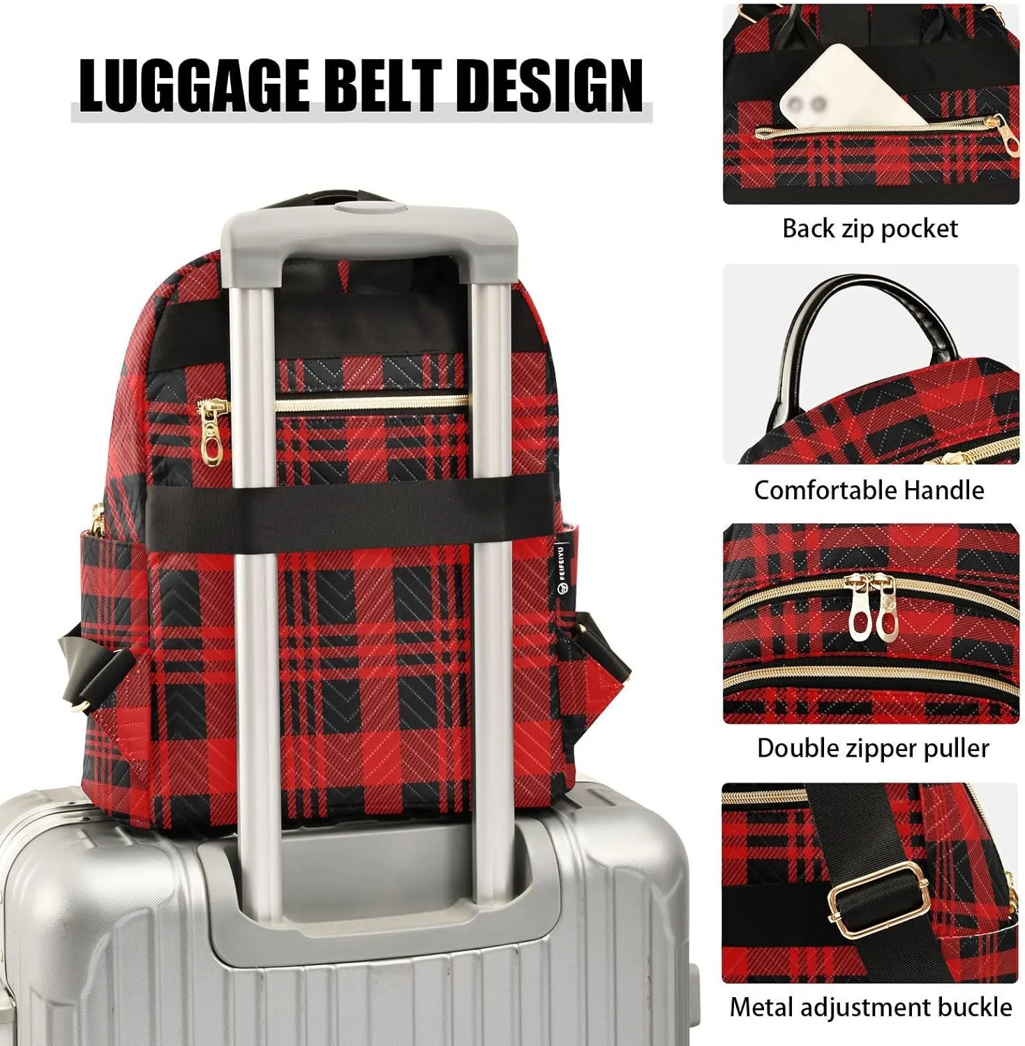 ALAZA Christmas Black Red Check Women Backpack Purse Ladies Fashion Shoulder Bag Daypack Travel Bag 10L