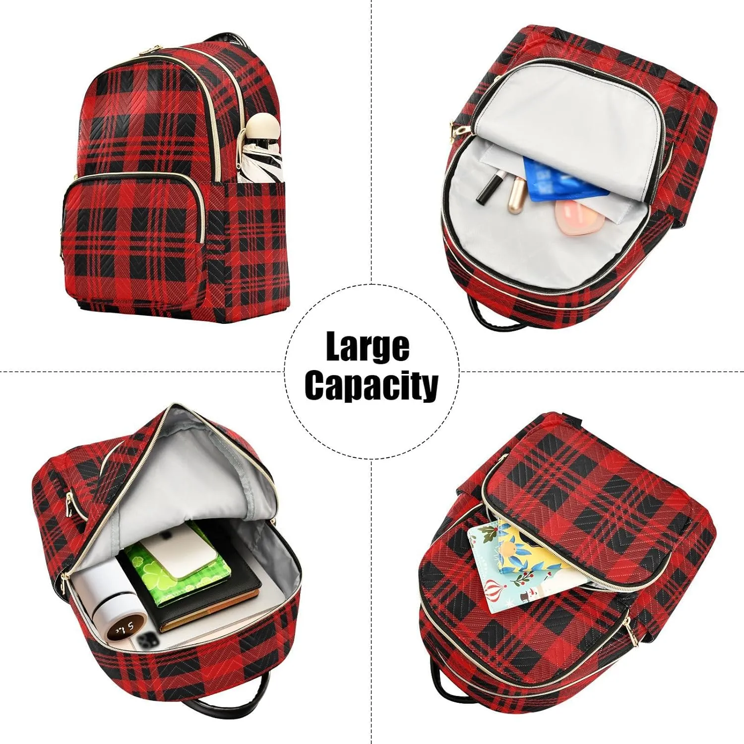 ALAZA Christmas Black Red Check Women Backpack Purse Ladies Fashion Shoulder Bag Daypack Travel Bag 10L