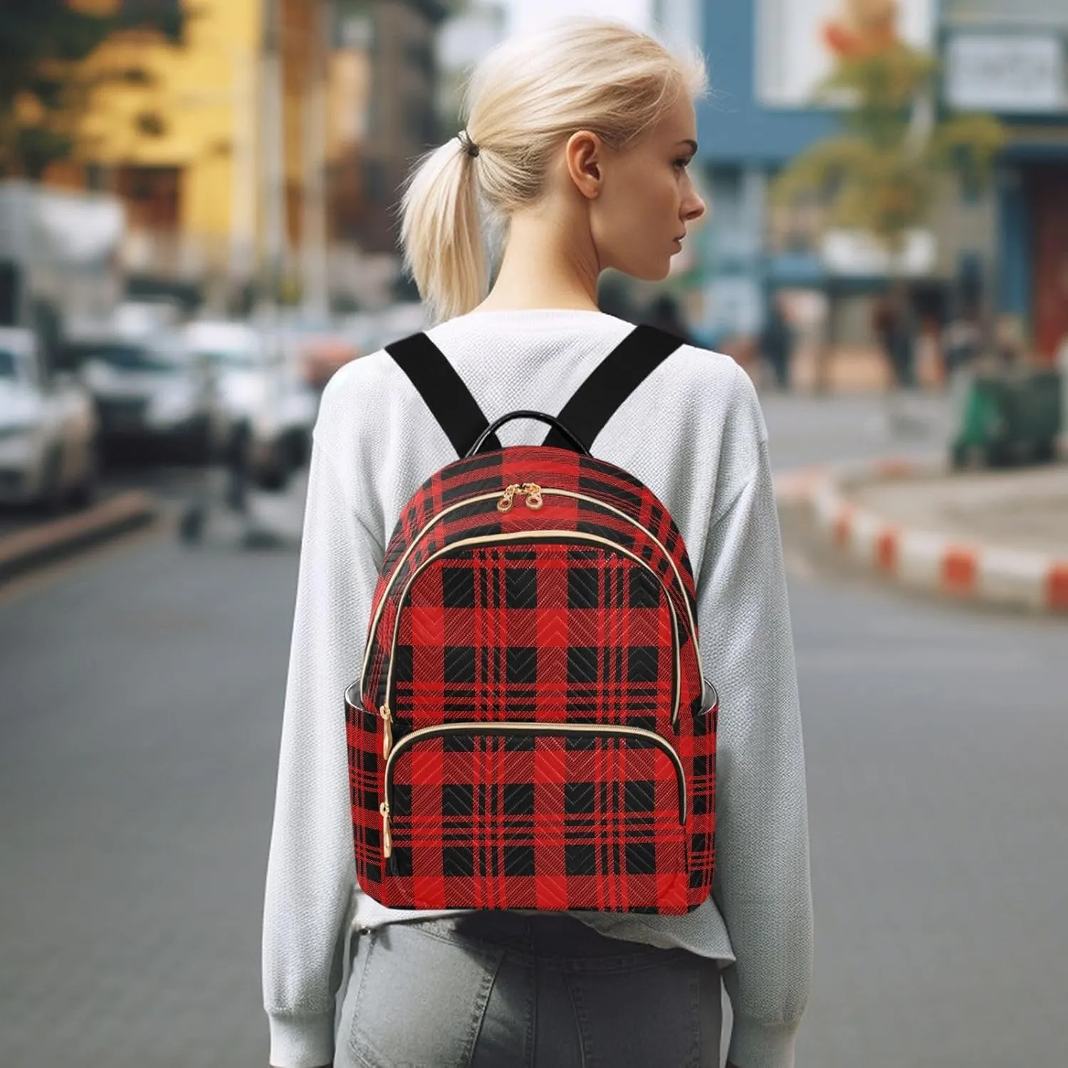 ALAZA Christmas Black Red Check Women Backpack Purse Ladies Fashion Shoulder Bag Daypack Travel Bag 10L
