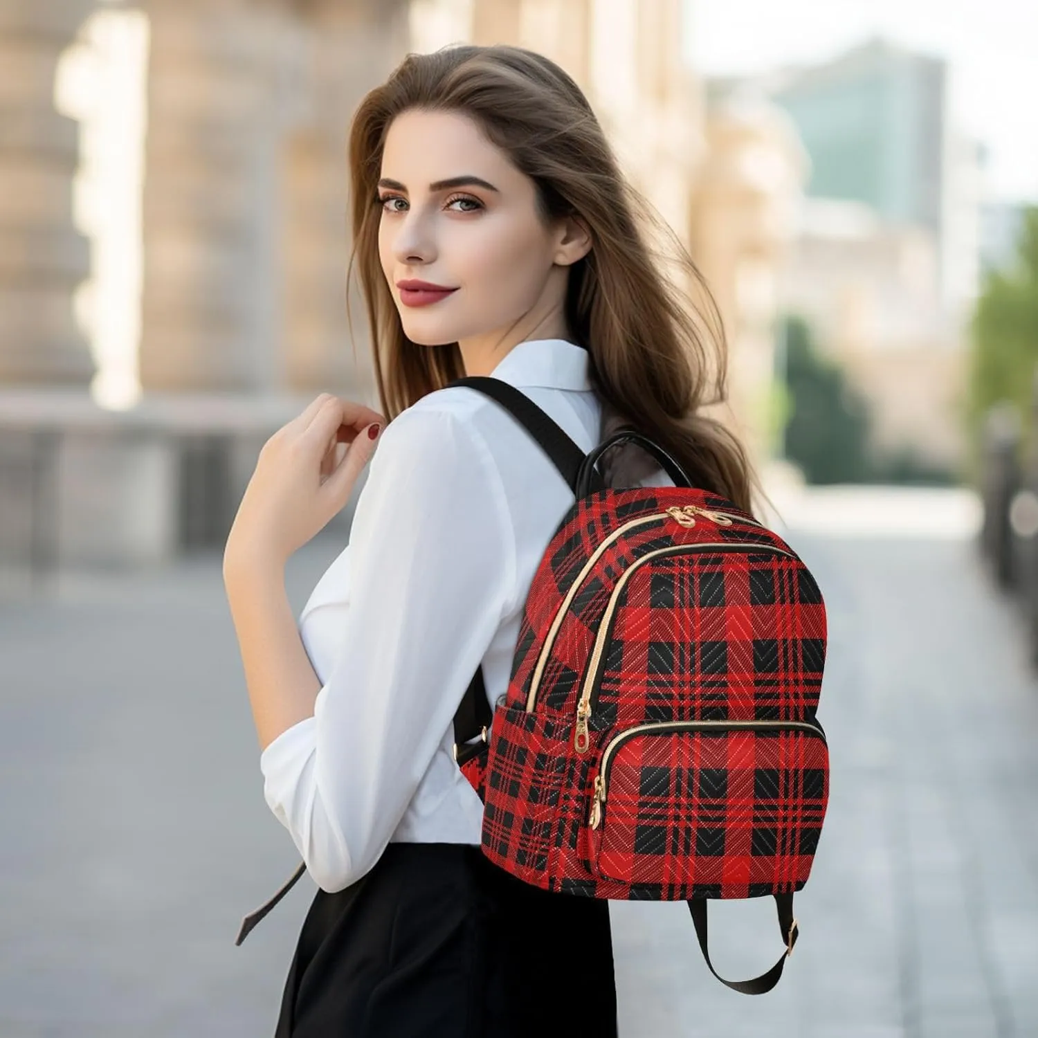 ALAZA Christmas Black Red Check Women Backpack Purse Ladies Fashion Shoulder Bag Daypack Travel Bag 10L