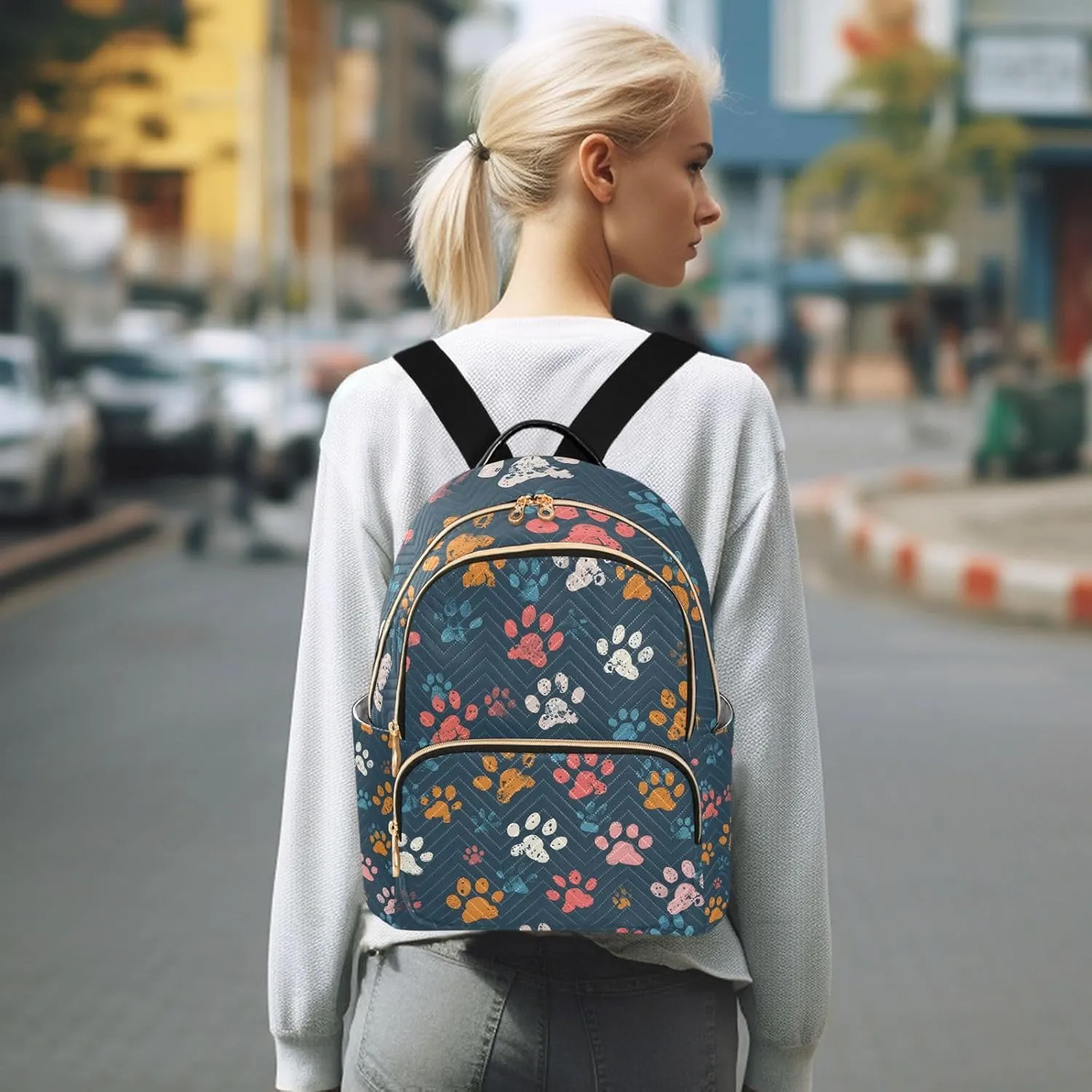 ALAZA Colorful Dog Paw Prints on Navy Blue Small Backpack Purse for Women Travel Bag Lightweight Shoulder Bag Fashion Daypack