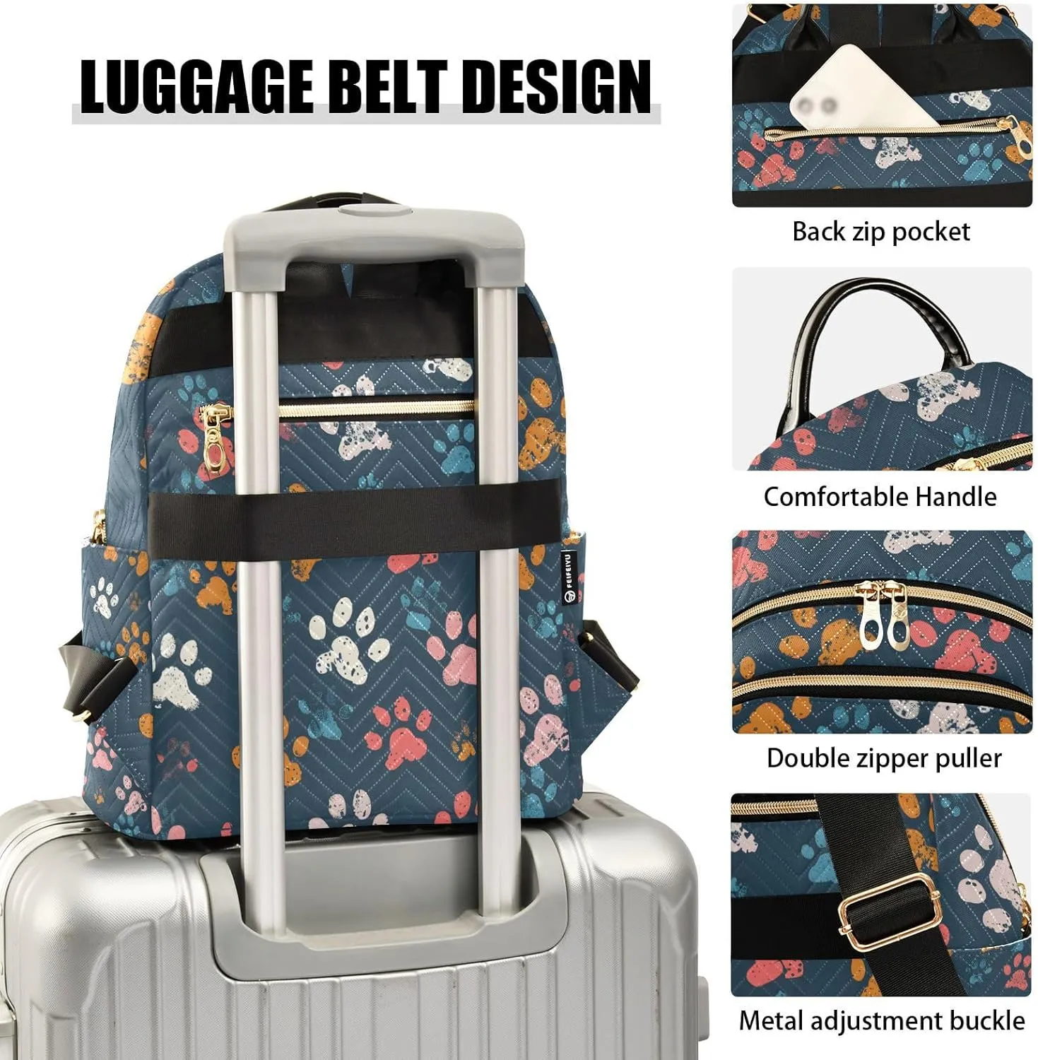 ALAZA Colorful Dog Paw Prints on Navy Blue Small Backpack Purse for Women Travel Bag Lightweight Shoulder Bag Fashion Daypack