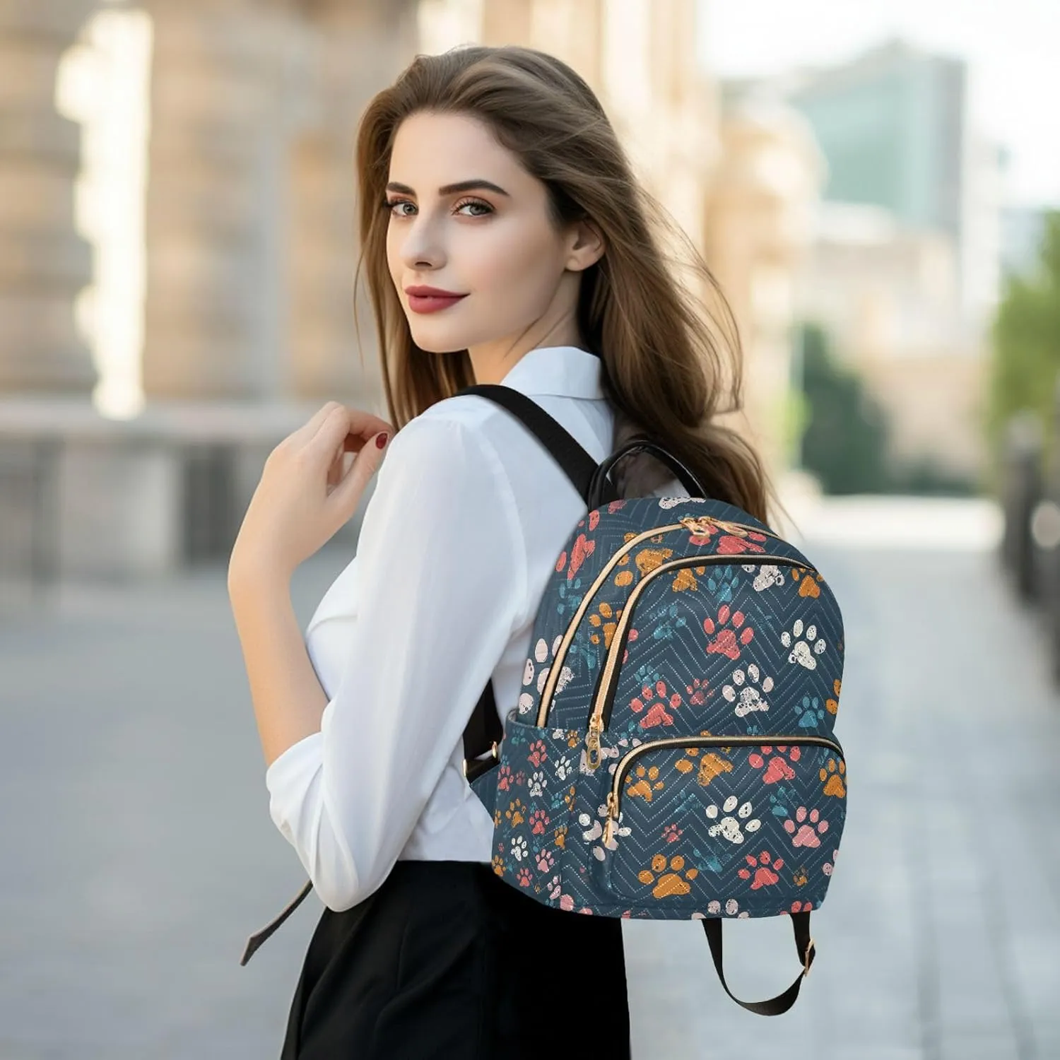 ALAZA Colorful Dog Paw Prints on Navy Blue Small Backpack Purse for Women Travel Bag Lightweight Shoulder Bag Fashion Daypack