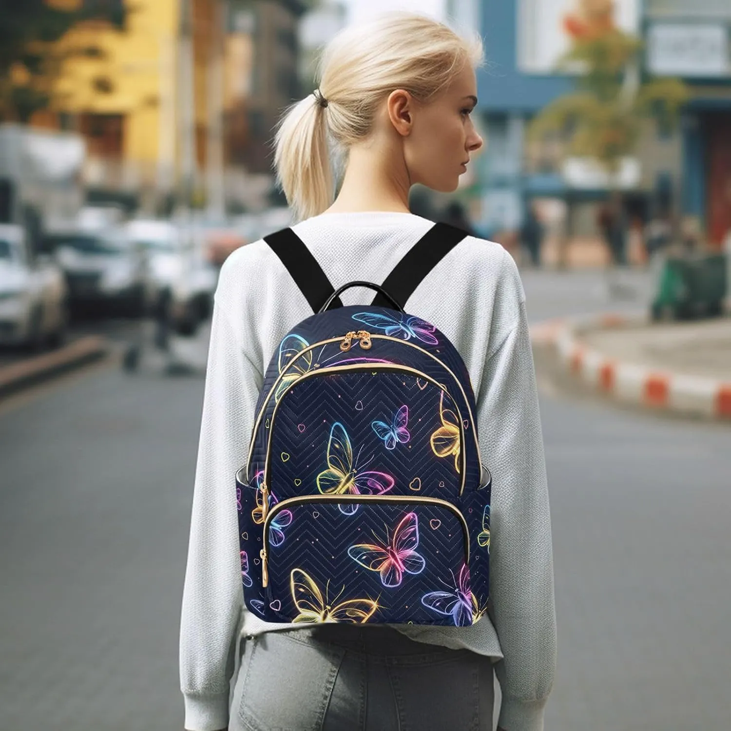 ALAZA Cute Neon Flying Butterflies Mini Backpack Purse for Women Travel Bag Lightweight Shoulder Bag Fashion Daypack